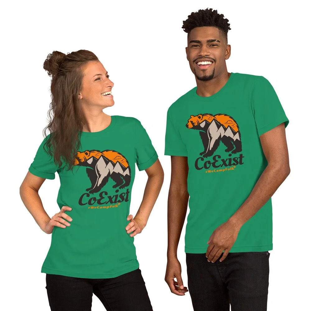 Men's ladies couples Coexist bear mountain #wecampfolk nature camping t shirt unisex-staple-t-shirt-kelly-front-68d448c85bf37.jpg