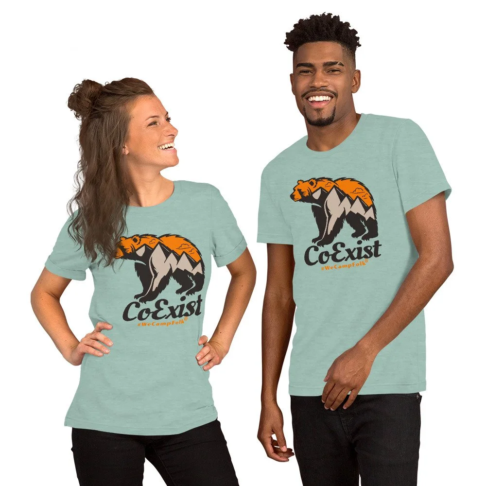 Ladies Mens Coexist bear mountain camping unisex-staple-t-shirt-heather-prism-dusty-blue-front