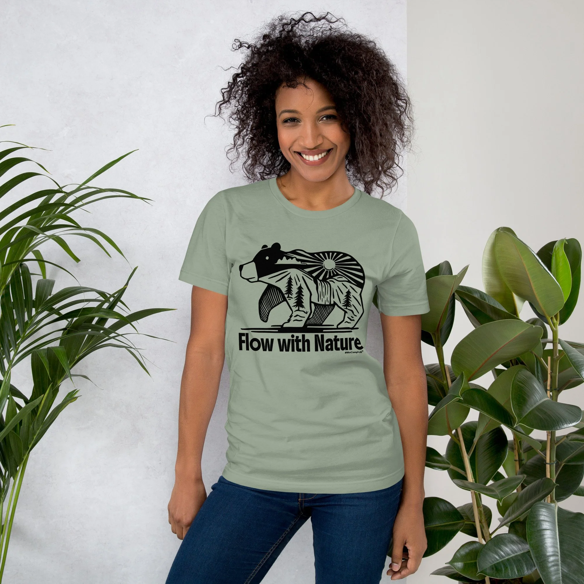 Flow with nature bear and mountain sunset yoga t shirt #WeCampFolk unisex-staple-t-shirt-sage-front-68d44ee1d7c5d.jpg