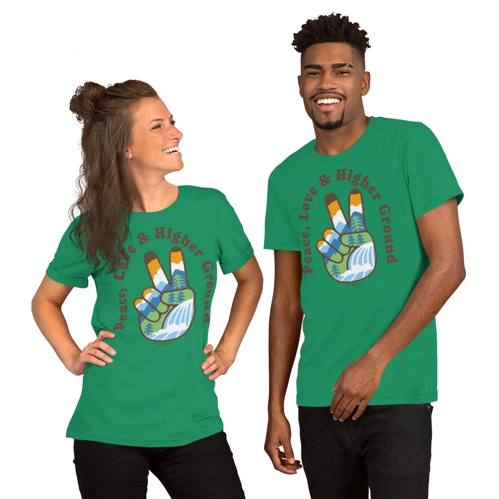 ladies mens couples nature t shirt Peace, love & higher ground peace fingers unisex-staple-t-shirt-kelly-front-68d56eecb80bd.jpg