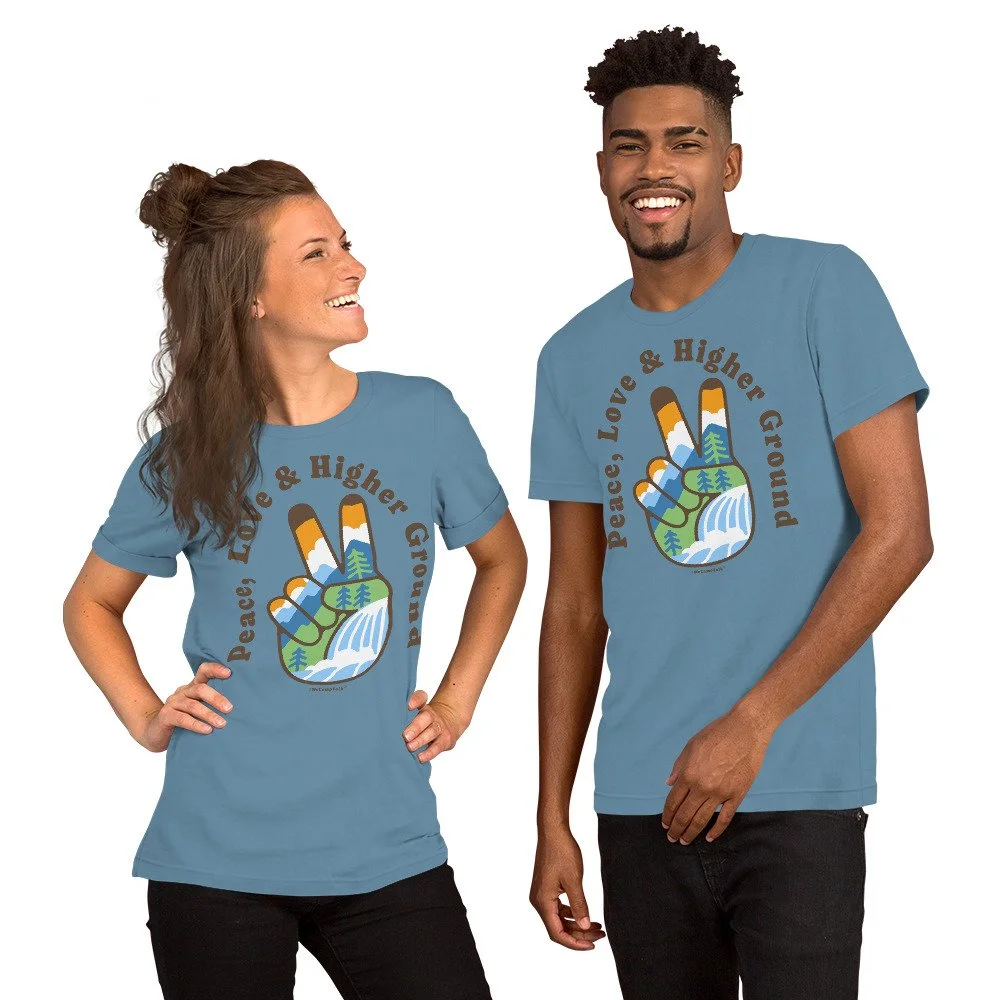 Peace, love & higher ground peace fingers t shirt #WeCampFolk unisex-staple-t-shirt-steel-blue-front-68d56eecbcd7e.jpg