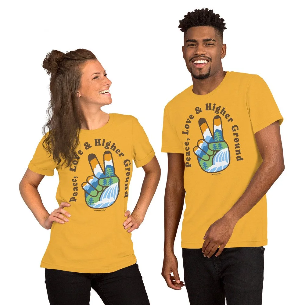 Peace, Love & Higher Ground Peace Finger #WeCampFolk Nature Unisex T-Shirt unisex-staple-t-shirt-heather-yellow-gold-front-68d56eecd188a.jpg