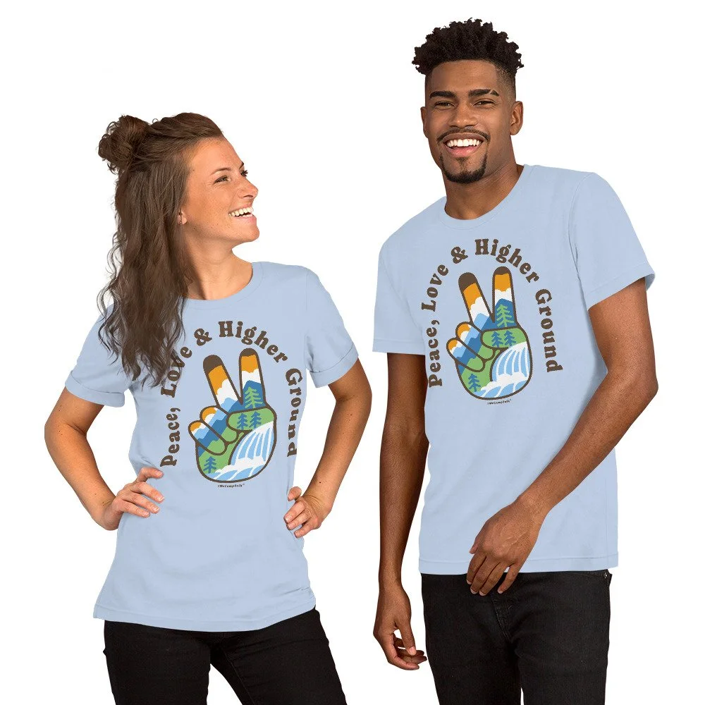 Peace, Love & Higher Ground Peace Finger #WeCampFolk Nature Unisex T-Shirt unisex-staple-t-shirt-baby-blue-front-68d56eecdb92d.jpg