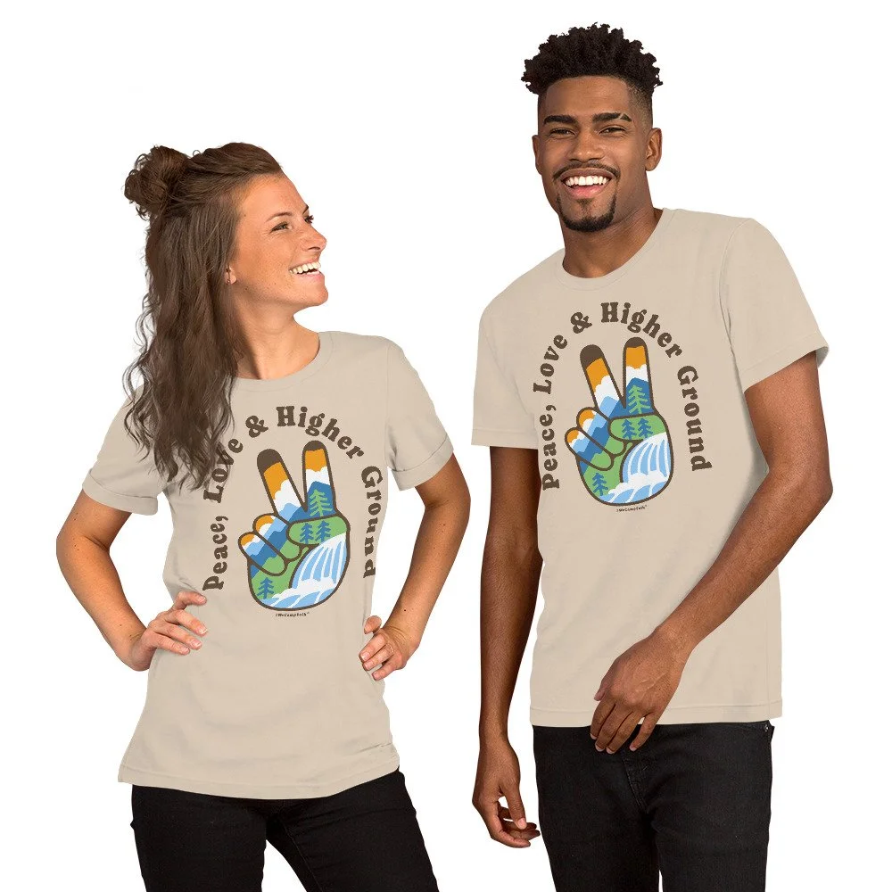 Peace, Love & Higher Ground Peace Finger #WeCampFolk Nature Unisex T-Shirt unisex-staple-t-shirt-soft-cream-front-68d56eece9f5f.jpg