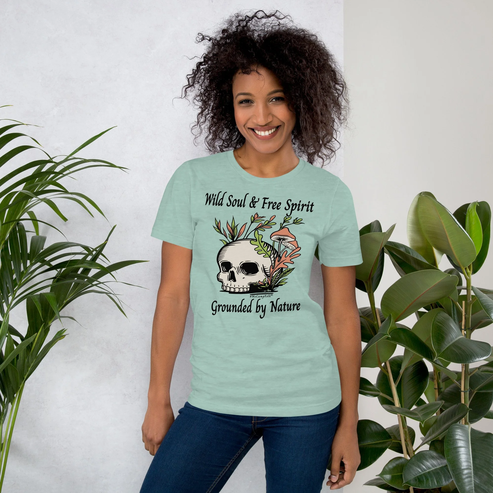 Wild Soul & Free Spirit Grounded By Nature #WeCampFolk Unisex Skull, Mushroom & Flowers Nature unisex-staple-t-shirt-heather-prism-dusty-blue-front-68d5708ea187b.jpg