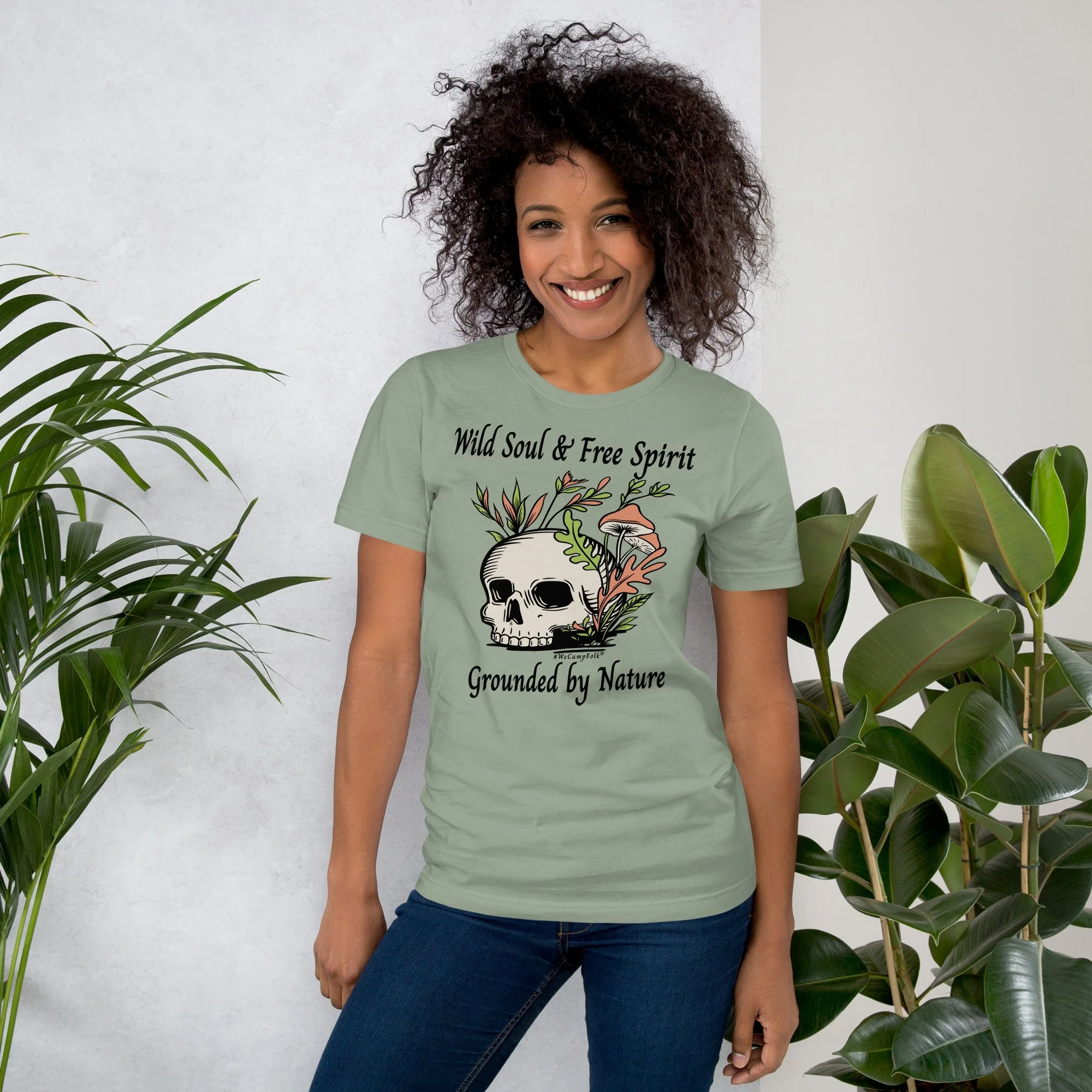 ladies Wild Soul & Free Spirit Grounded By Nature #WeCampFolk Unisex Skull, Mushroom & Flowers Nature unisex-staple-t-shirt-sage-front-68d5708eada1c.jpg