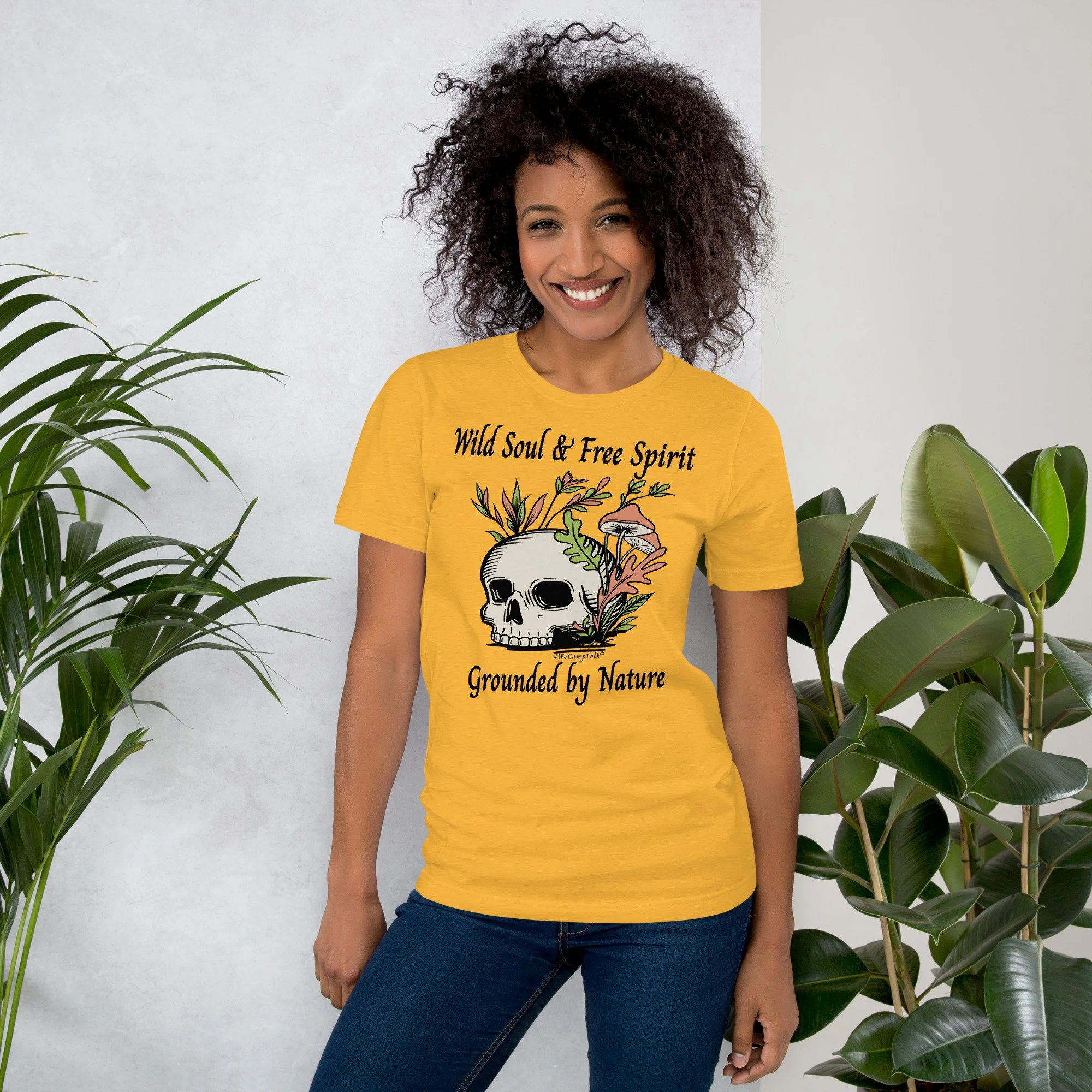 Wild Soul & Free Spirit Grounded By Nature #WeCampFolk Unisex Skull, Mushroom & Flowers Nature unisex-staple-t-shirt-heather-yellow-gold-front-68d5708eb178f.jpg