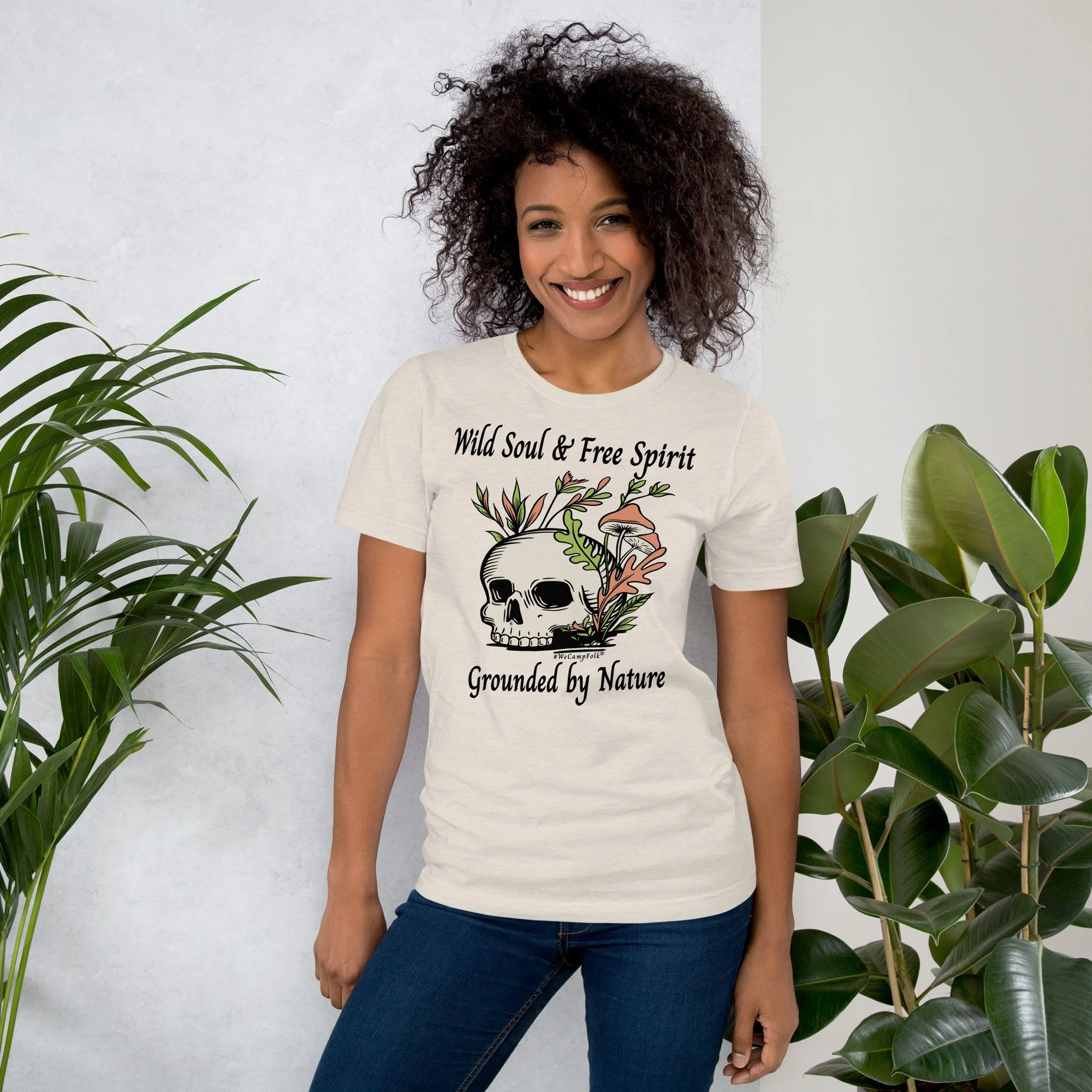 Wild Soul & Free Spirit Grounded By Nature #WeCampFolk Unisex Skull, Mushroom & Flowers Nature T-Shirt unisex-staple-t-shirt-heather-dust-front-68d5708eb91b9.jpg