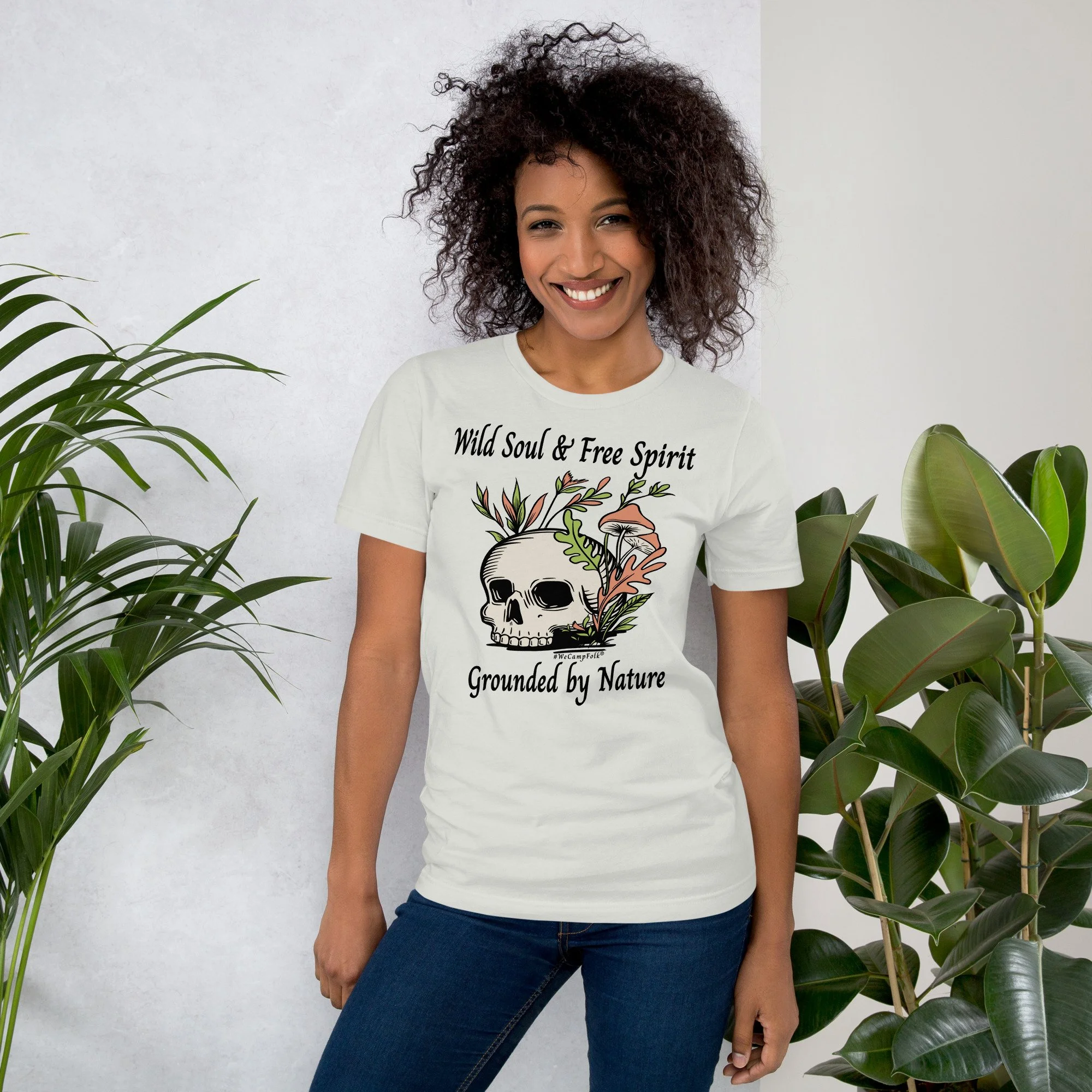Wild Soul & Free Spirit Grounded By Nature #WeCampFolk Unisex Skull, Mushroom & Flowers Nature T-Shirt unisex-staple-t-shirt-silver-front-68d5708ec3341.jpg