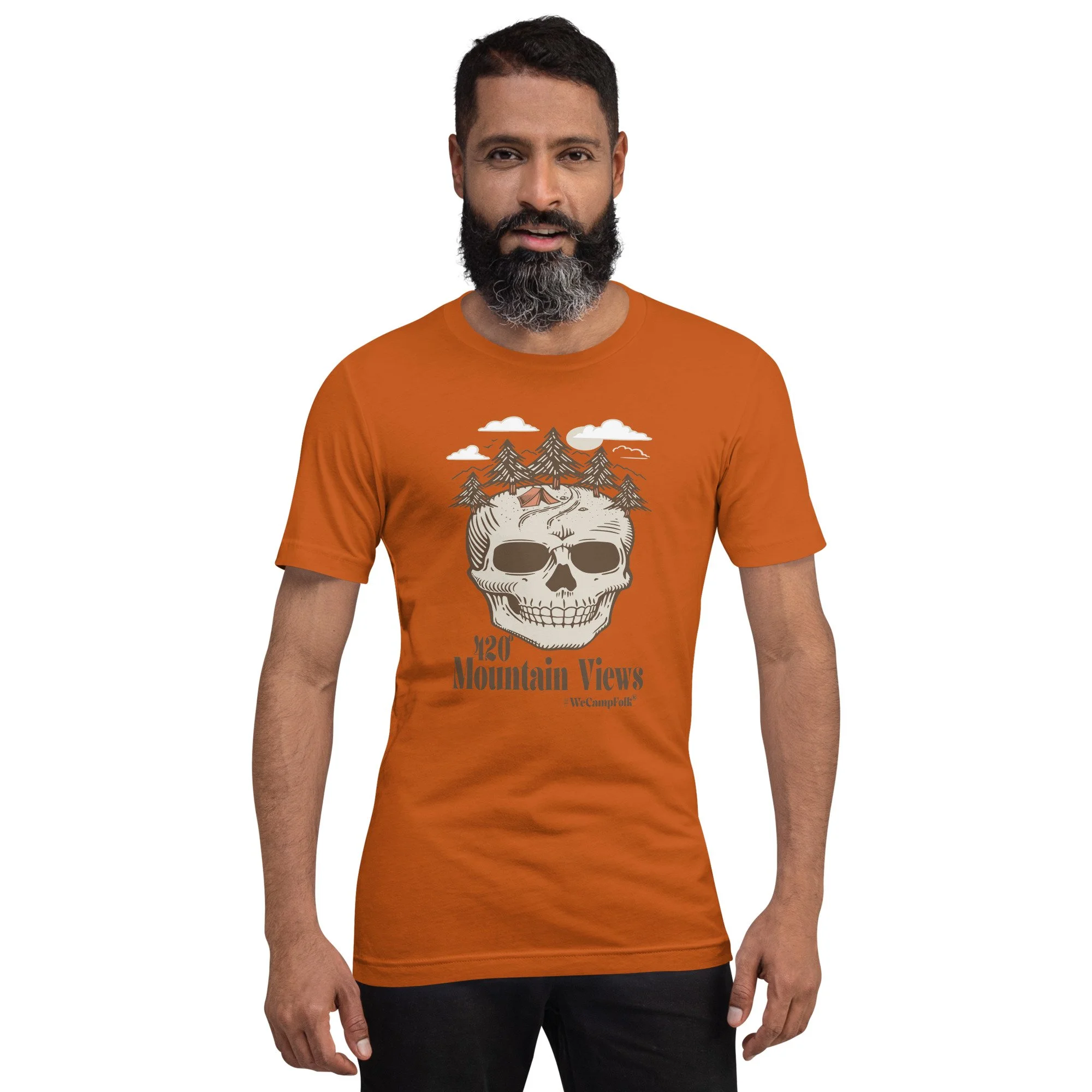 mens couples yoga shirt 420° Mountain Views #WeCampFolk Tent Camping Skull Unisex Nature T-shirt unisex-staple-t-shirt-autumn-front-68d5b7a95abbf.jpg