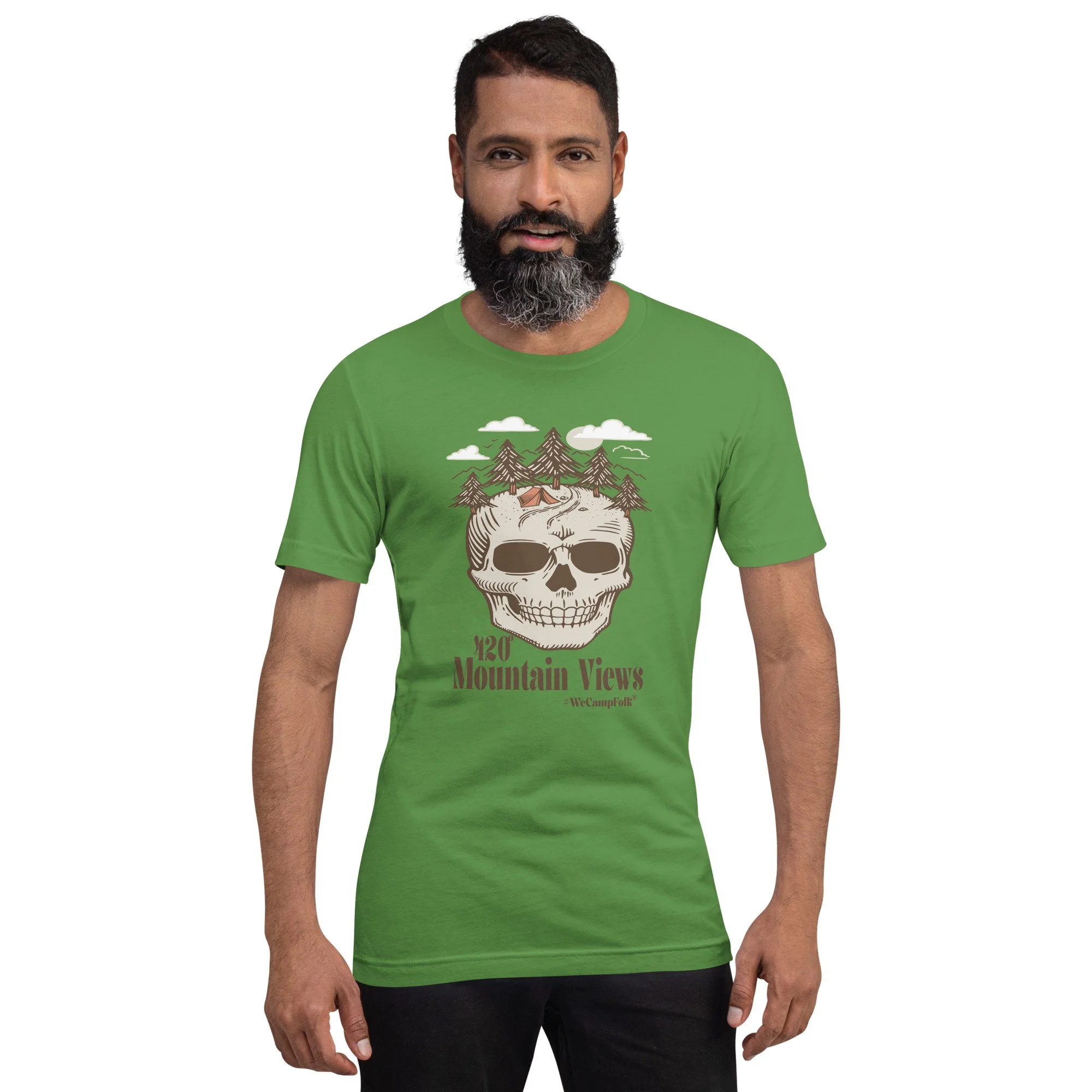 ladies mens couples yoga shirt 420° Mountain Views #WeCampFolk Tent Camping Skull Unisex Nature T-shirt unisex-staple-t-shirt-leaf-front-68d5b7a97c0ef.jpg