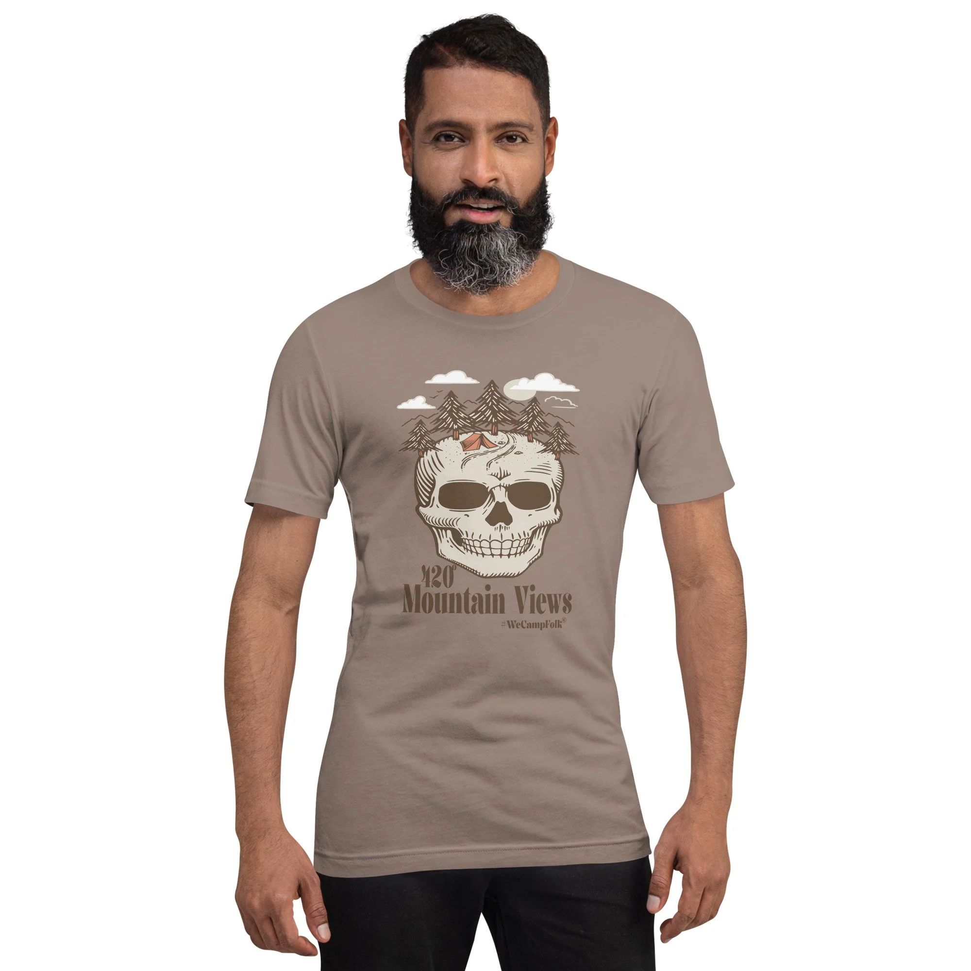 ladies mens couples yoga shirt 420° Mountain Views #WeCampFolk Tent Camping Skull Unisex Nature T-shirt unisex-staple-t-shirt-pebble-front-68d5b7a98a1c0.jpg