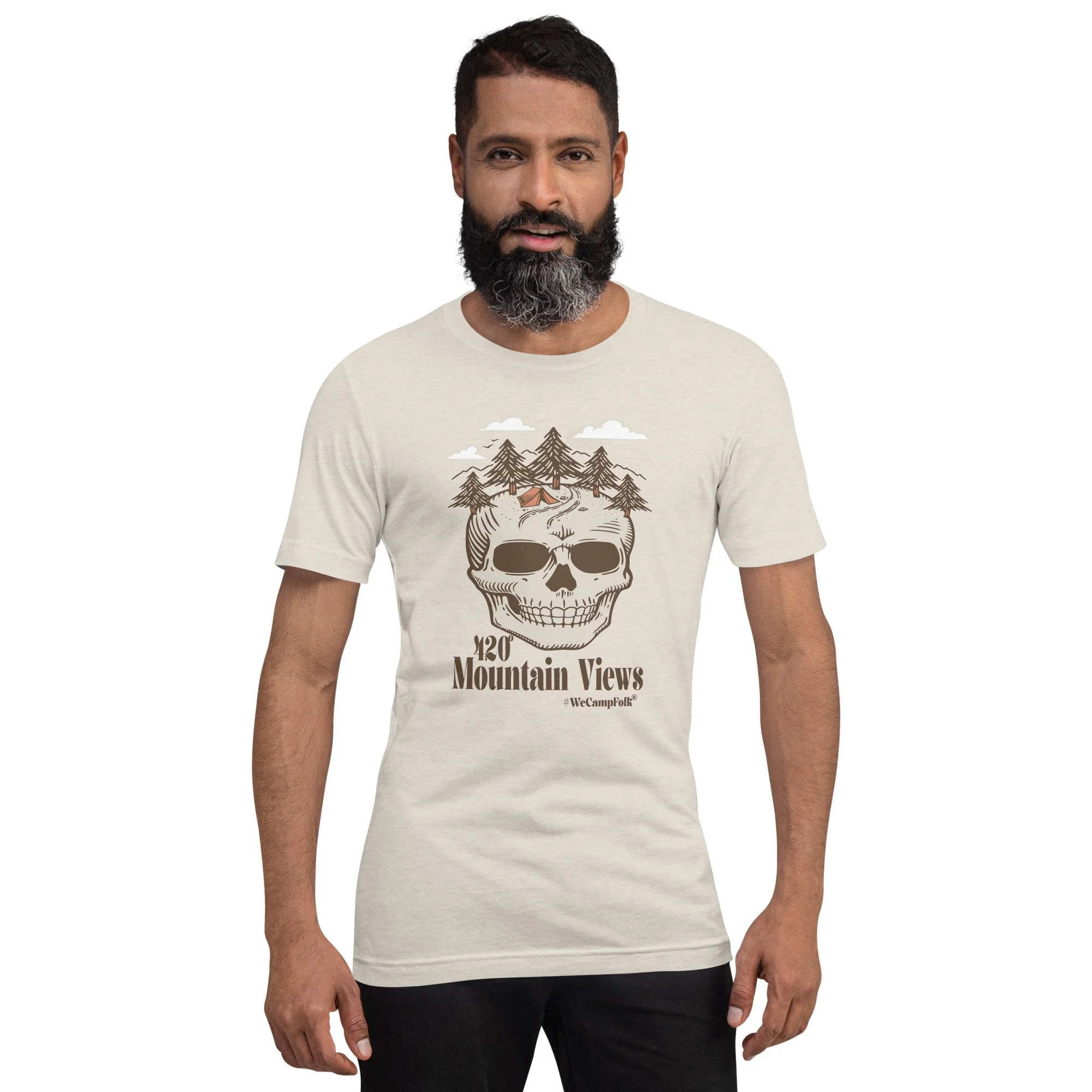 ladies mens couples yoga shirt 420° Mountain Views #WeCampFolk Tent Camping Skull Unisex Nature T-shirt nisex-staple-t-shirt-heather-dust-front-68d5b7a9a8a0f.jpg