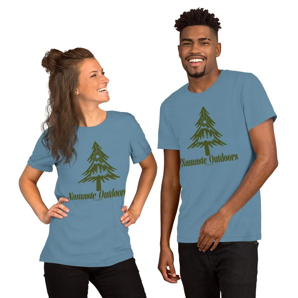 ladies mens yoga t shirt Namaste Outdoors #WeCampFolk Unisex Yoga Nature T-shirt unisex-staple-t-shirt-steel-blue-front-68d5c06d1cc1a.jpg