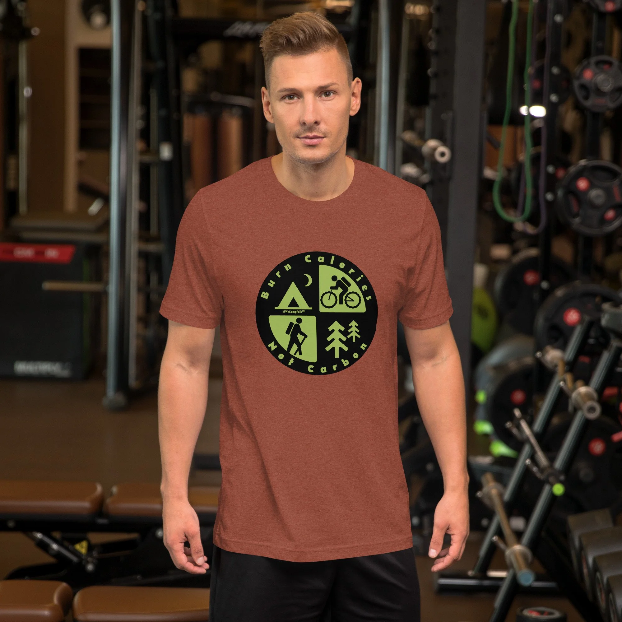 Mens Burn Calories Not Carbon #WeCampFolk Hiking, Biking, Nature, Camping Unisex T-shirt unisex-staple-t-shirt-heather-clay-front-68d6a36e8f78b.jpg