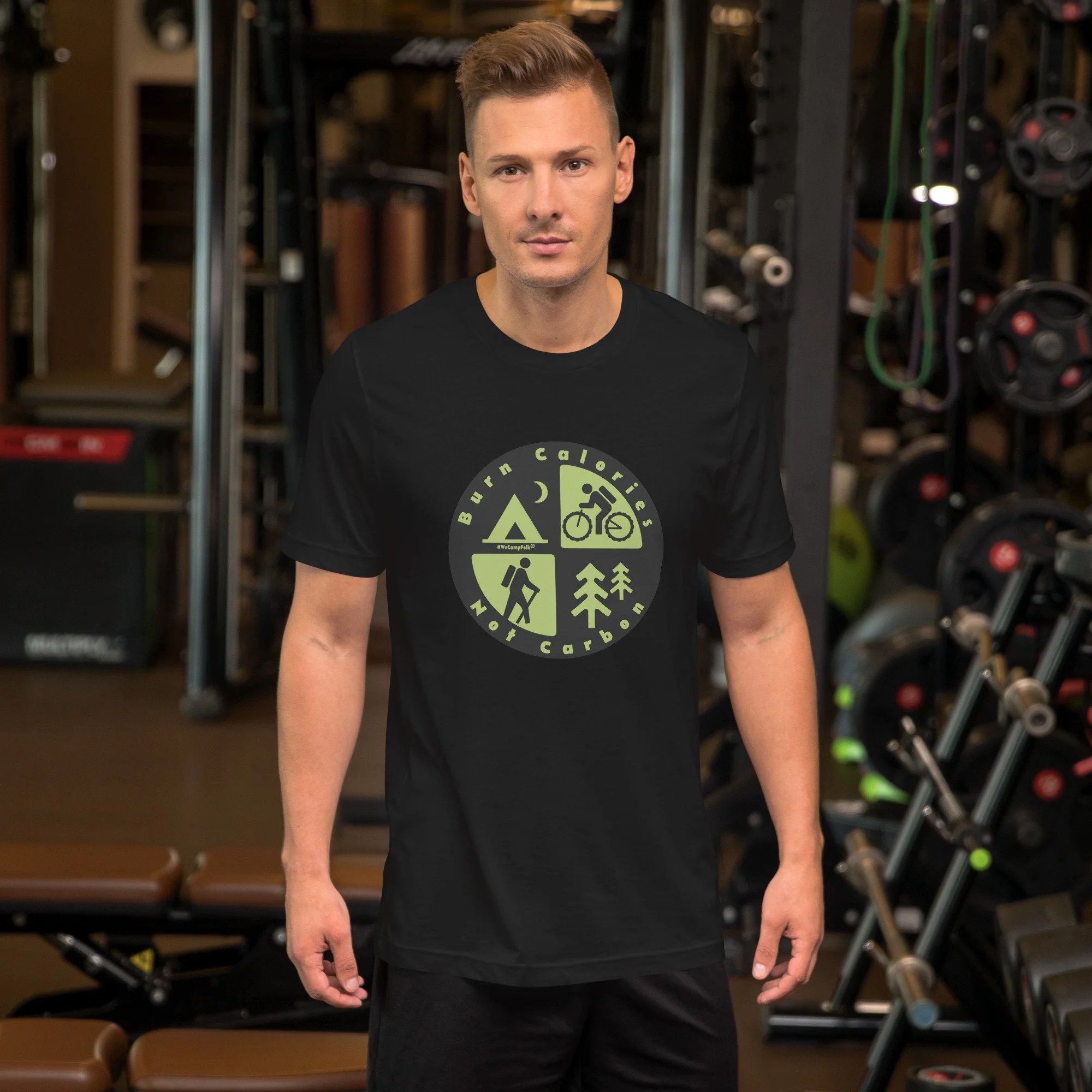 Burn Calories Not Carbon #WeCampFolk Hiking, Biking, Nature, Camping Unisex T-shirt unisex-staple-t-shirt-vintage-black-front-68d6a36ea264d.jpg
