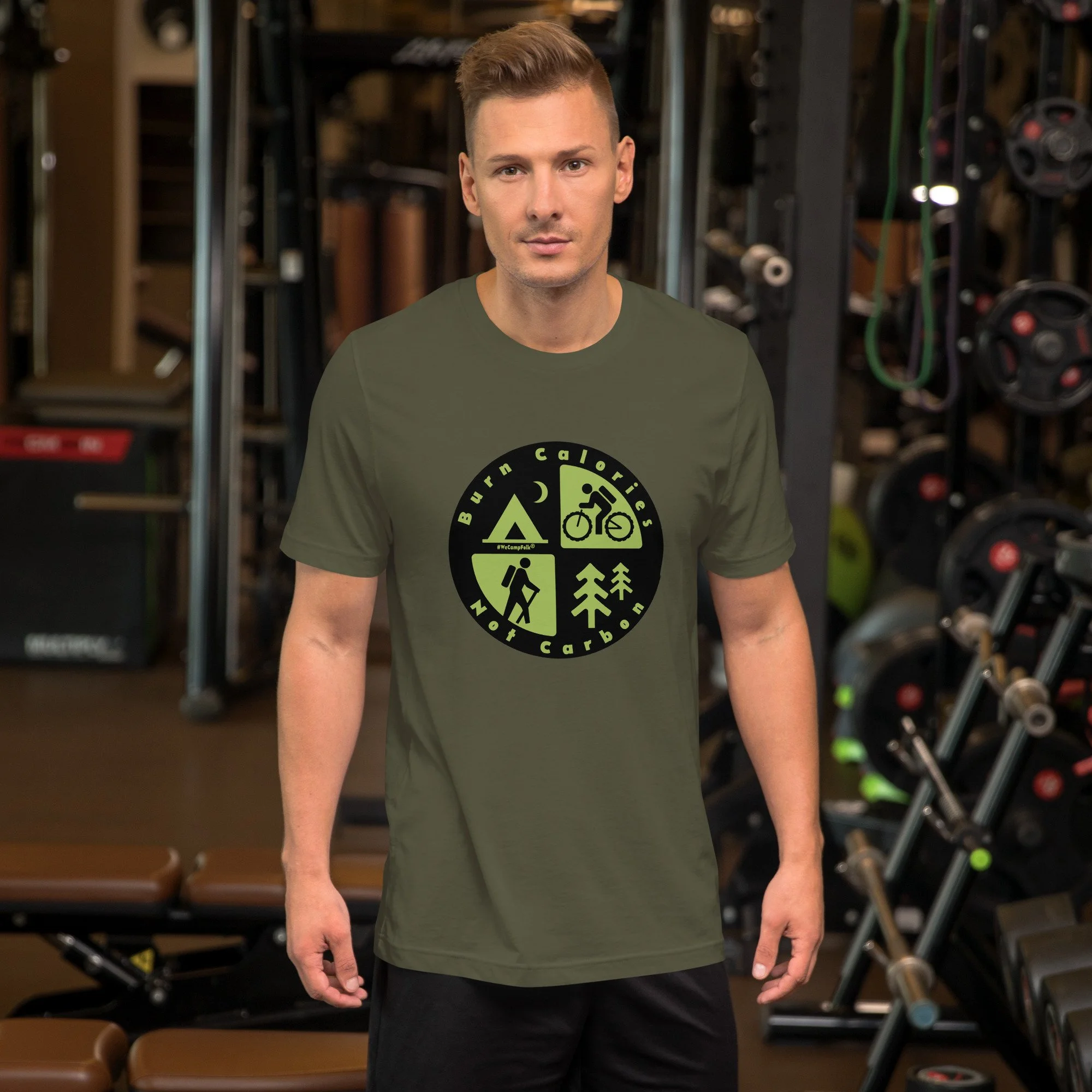 Burn Calories Not Carbon #WeCampFolk Hiking, Biking, Nature, Camping Unisex T-shirt unisex-staple-t-shirt-military-green-front-68d6a36ea47b9.jpg