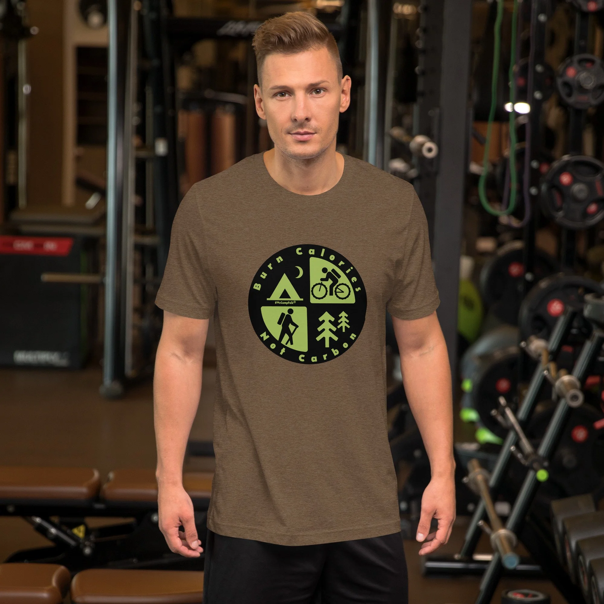 Burn Calories Not Carbon #WeCampFolk Hiking, Biking, Nature, Camping Unisex T-shirt unisex-staple-t-shirt-heather-brown-front-68d6a36ea8e40.jpg