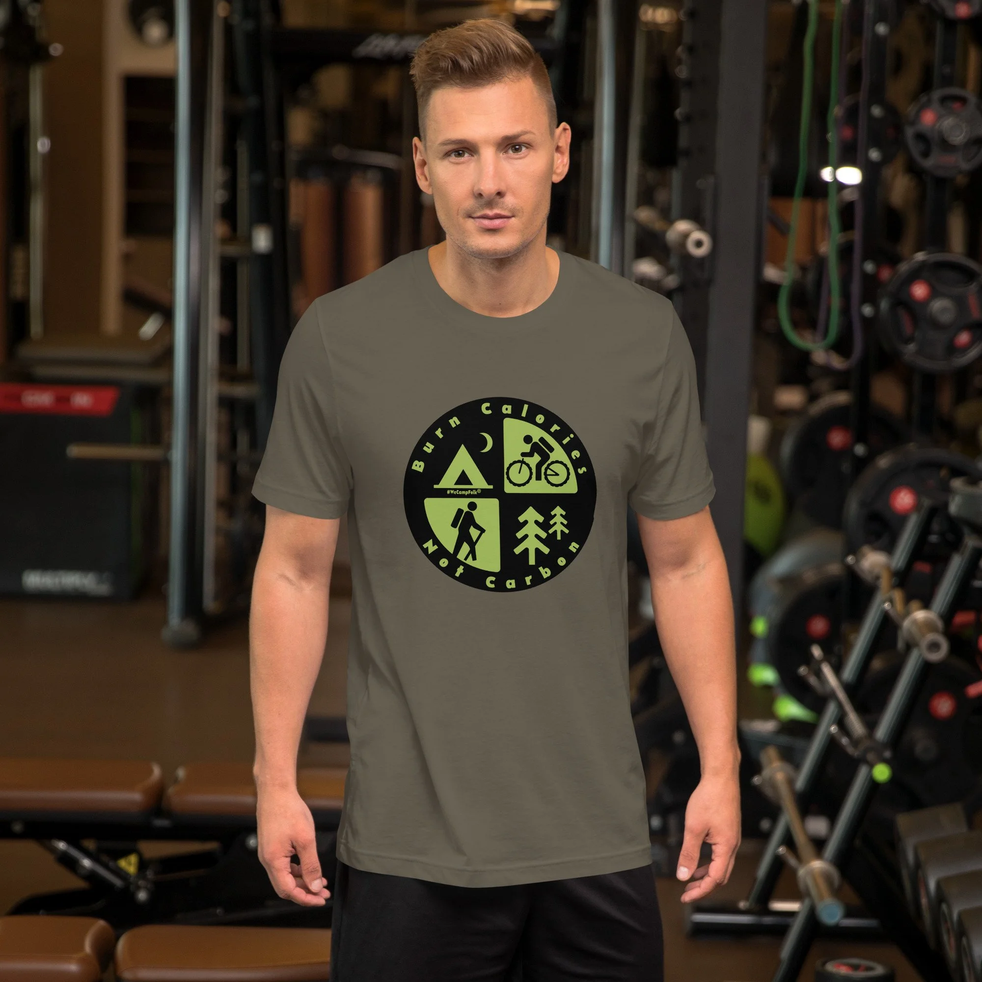 Burn Calories Not Carbon #WeCampFolk Hiking, Biking, Nature, Camping Unisex T-shirt unisex-staple-t-shirt-army-front-68d6a36eb003d.jpg
