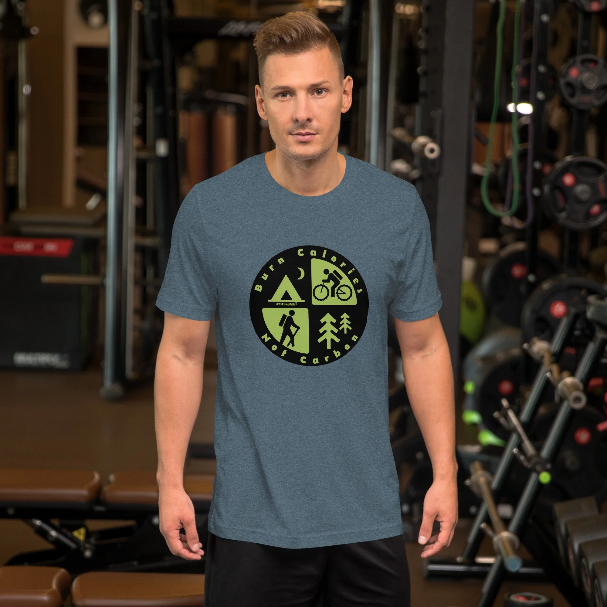 Burn Calories Not Carbon #WeCampFolk Hiking, Biking, Nature, Camping Unisex T-shirt unisex-staple-t-shirt-heather-slate-front-68d6a36ebbd9e.jpg