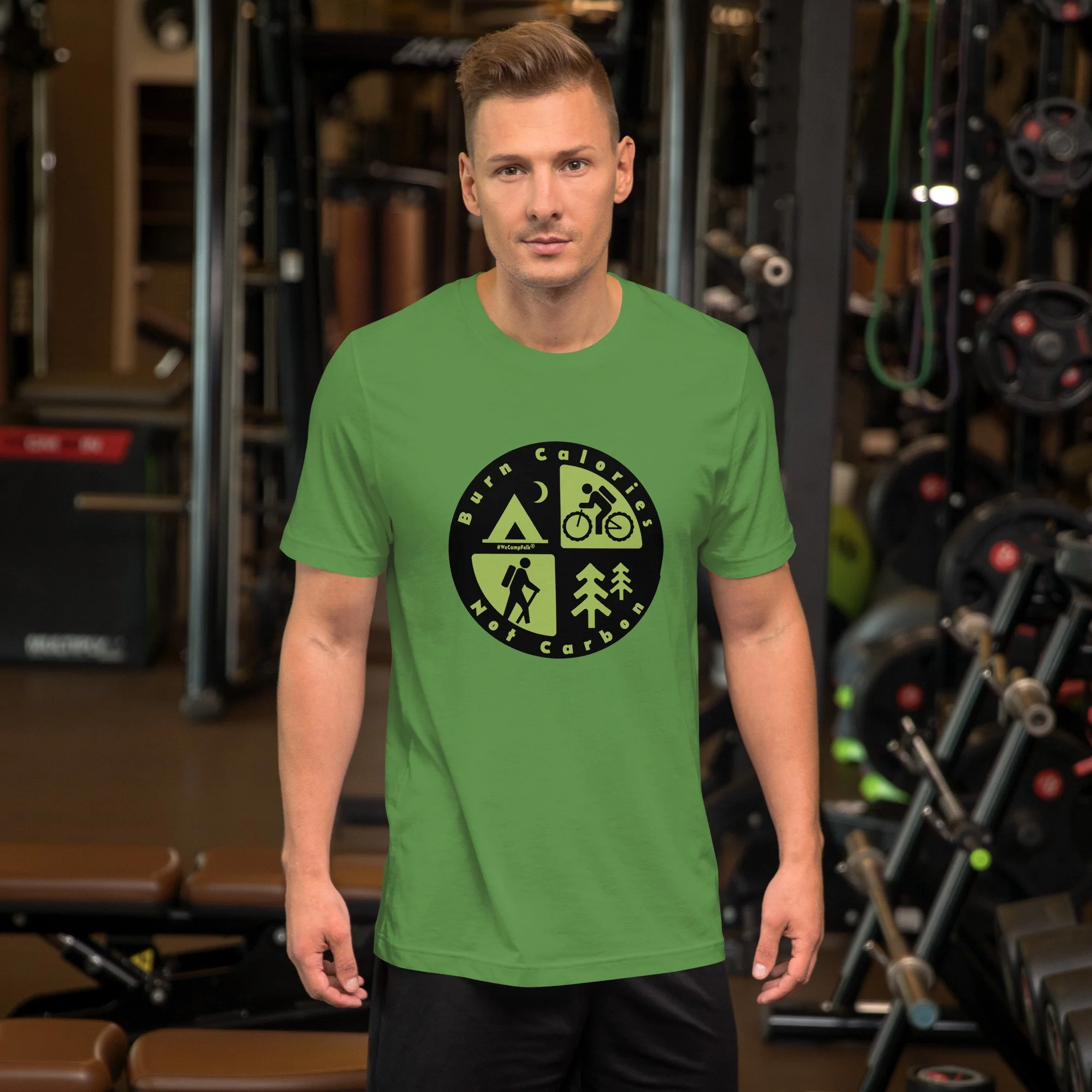 Burn Calories Not Carbon #WeCampFolk Hiking, Biking, Nature, Camping Unisex T-shirt unisex-staple-t-shirt-leaf-front-68d6a36ec9dcc.jpg