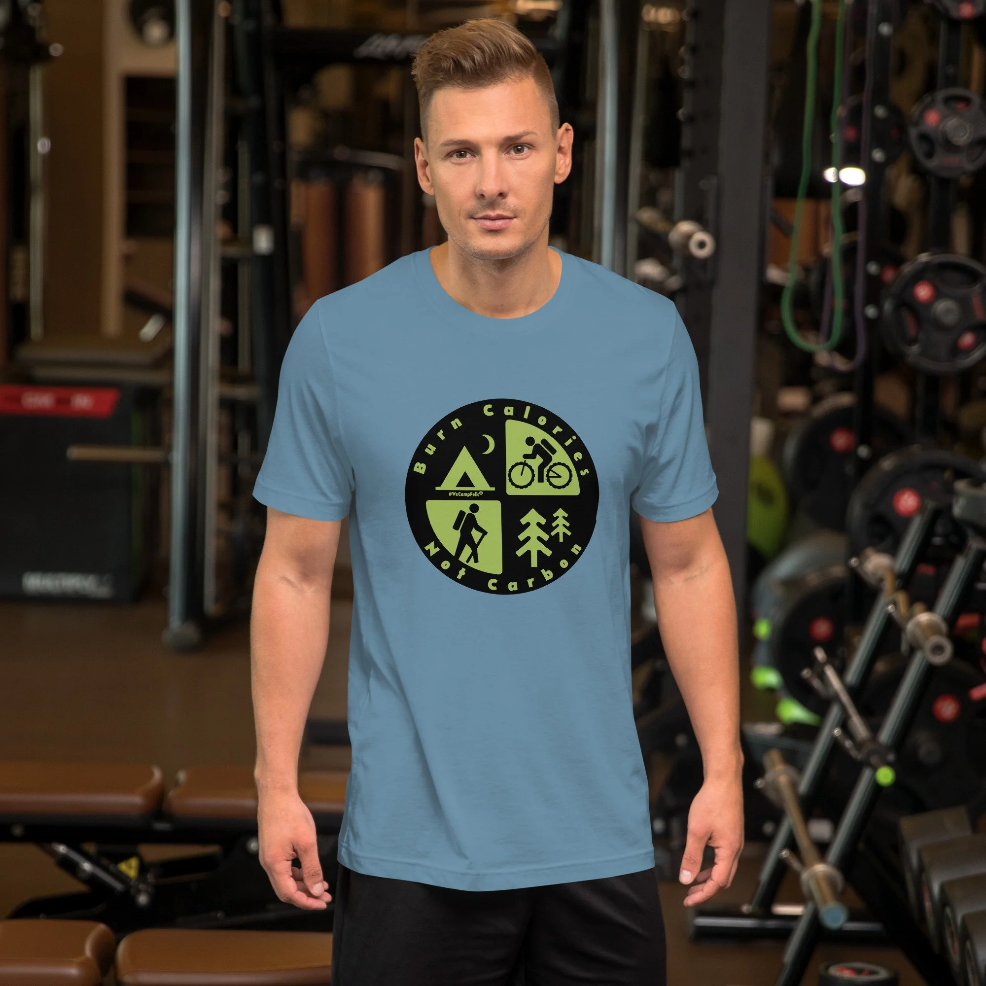 Burn Calories Not Carbon #WeCampFolk Hiking, Biking, Nature, Camping Unisex T-shirt unisex-staple-t-shirt-steel-blue-front-68d6a36edc987.jpg