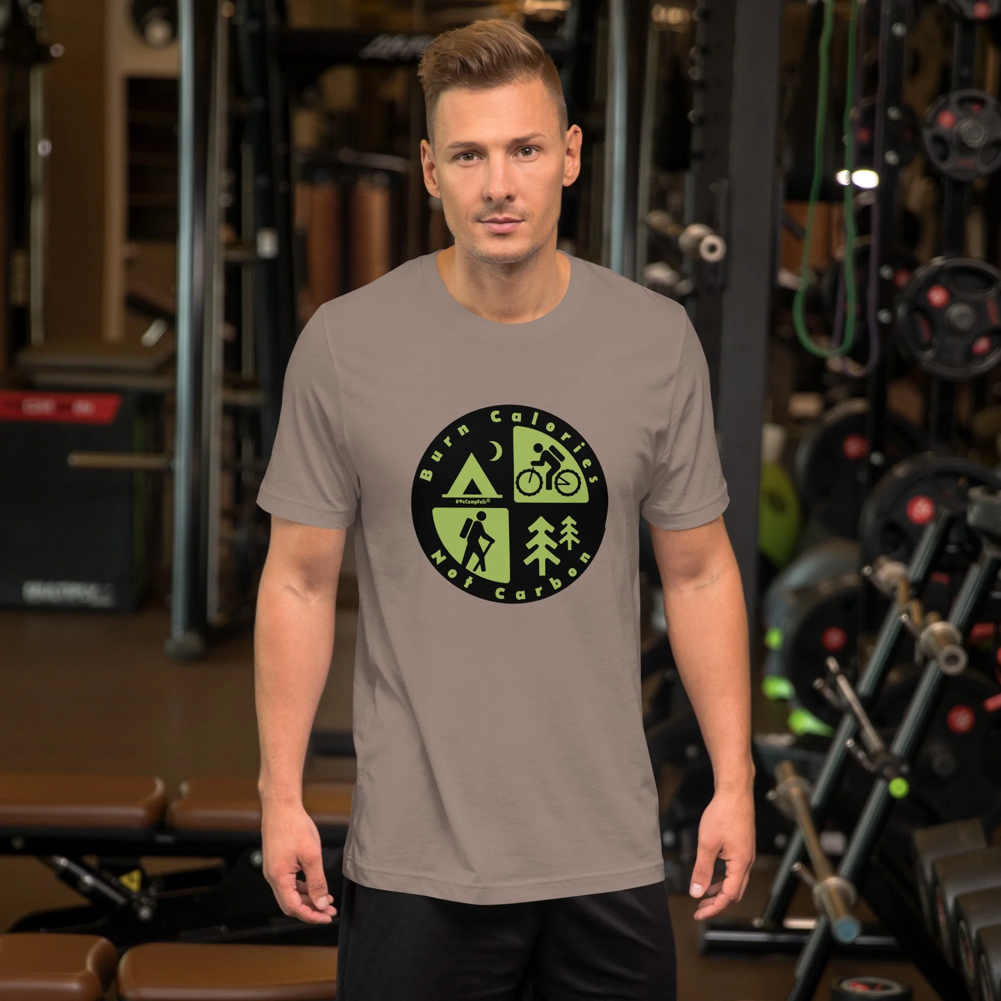 Burn Calories Not Carbon #WeCampFolk Hiking, Biking, Nature, Camping Unisex T-shirt unisex-staple-t-shirt-pebble-front-68d6a36ef4048.jpg