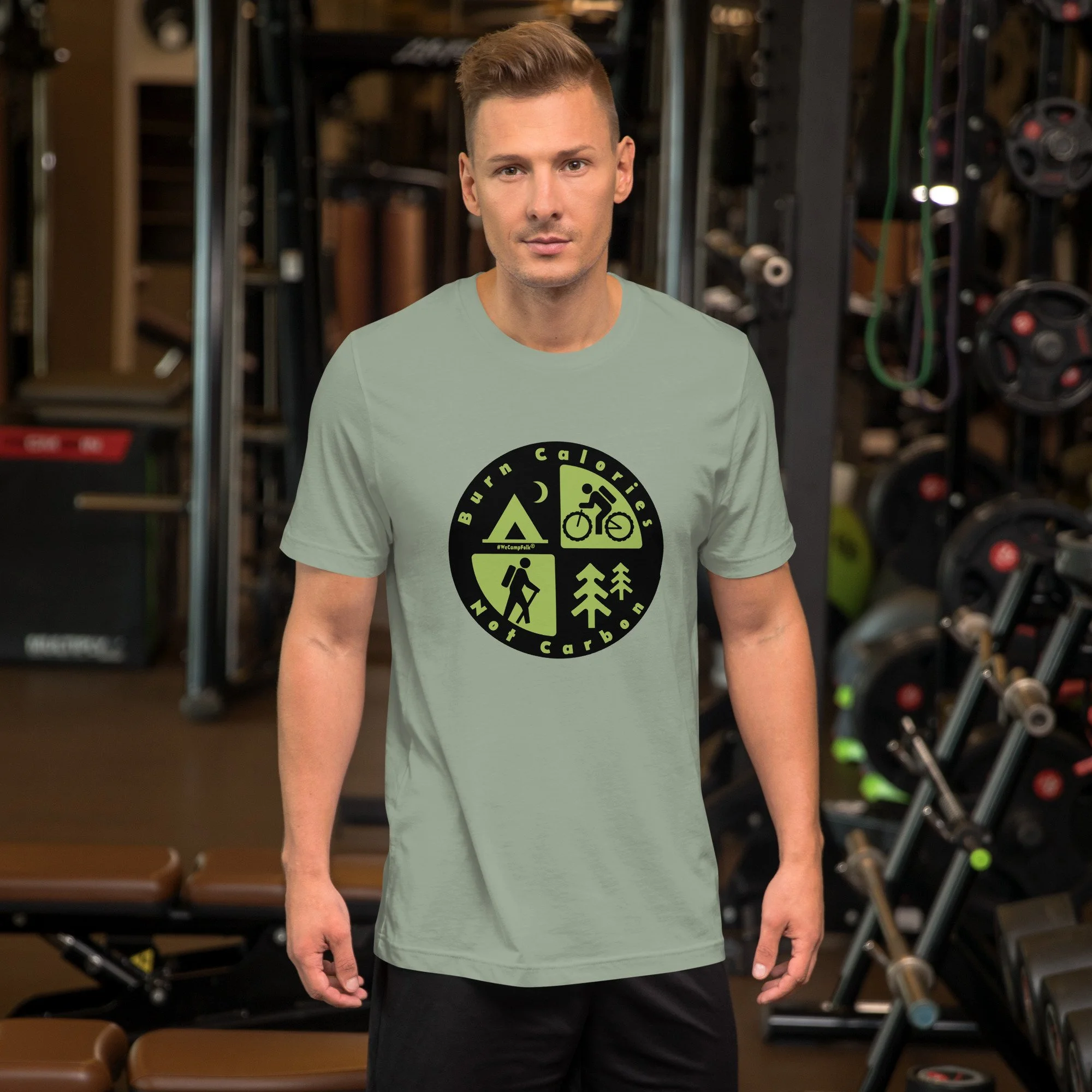 Burn Calories Not Carbon #WeCampFolk Hiking, Biking, Nature, Camping Unisex T-shirt unisex-staple-t-shirt-sage-front-68d6a36f1edf1.jpg