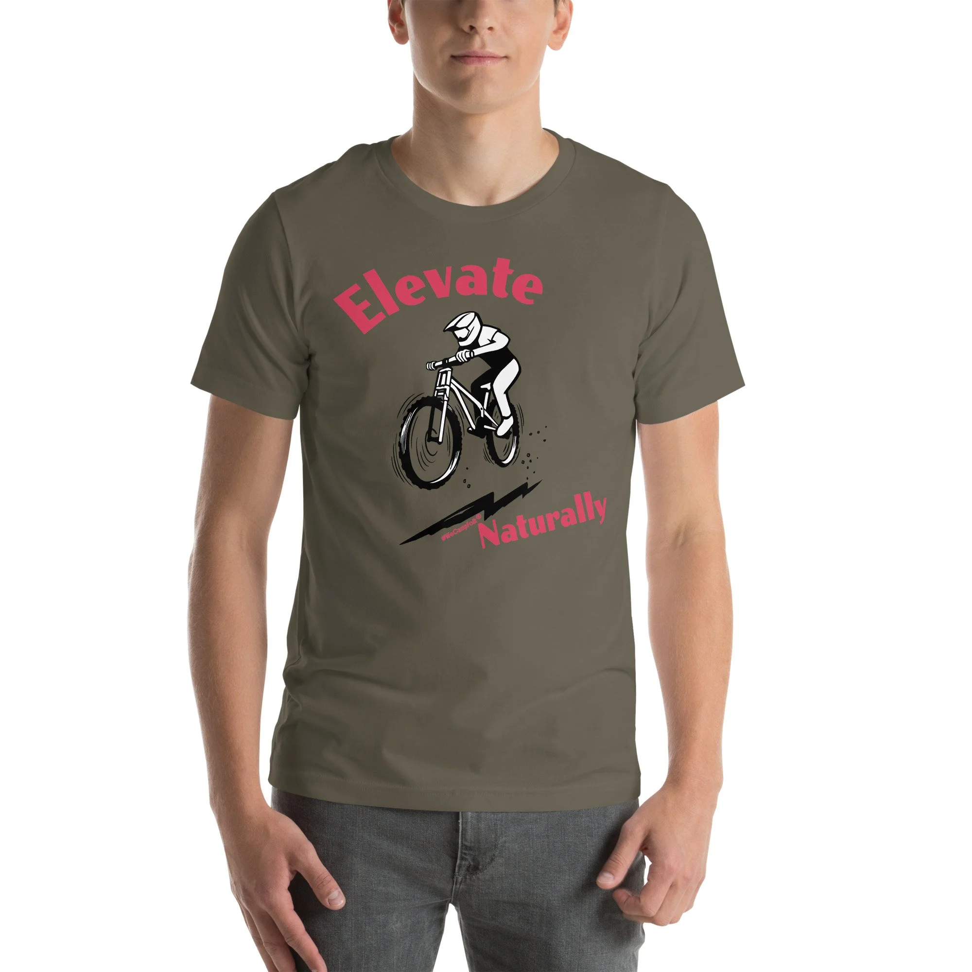 Elevate Naturally #WeCampFolk Unisex Mountain Biking T-shirt unisex-staple-t-shirt-army-front-68d6a5538fb72.jpg