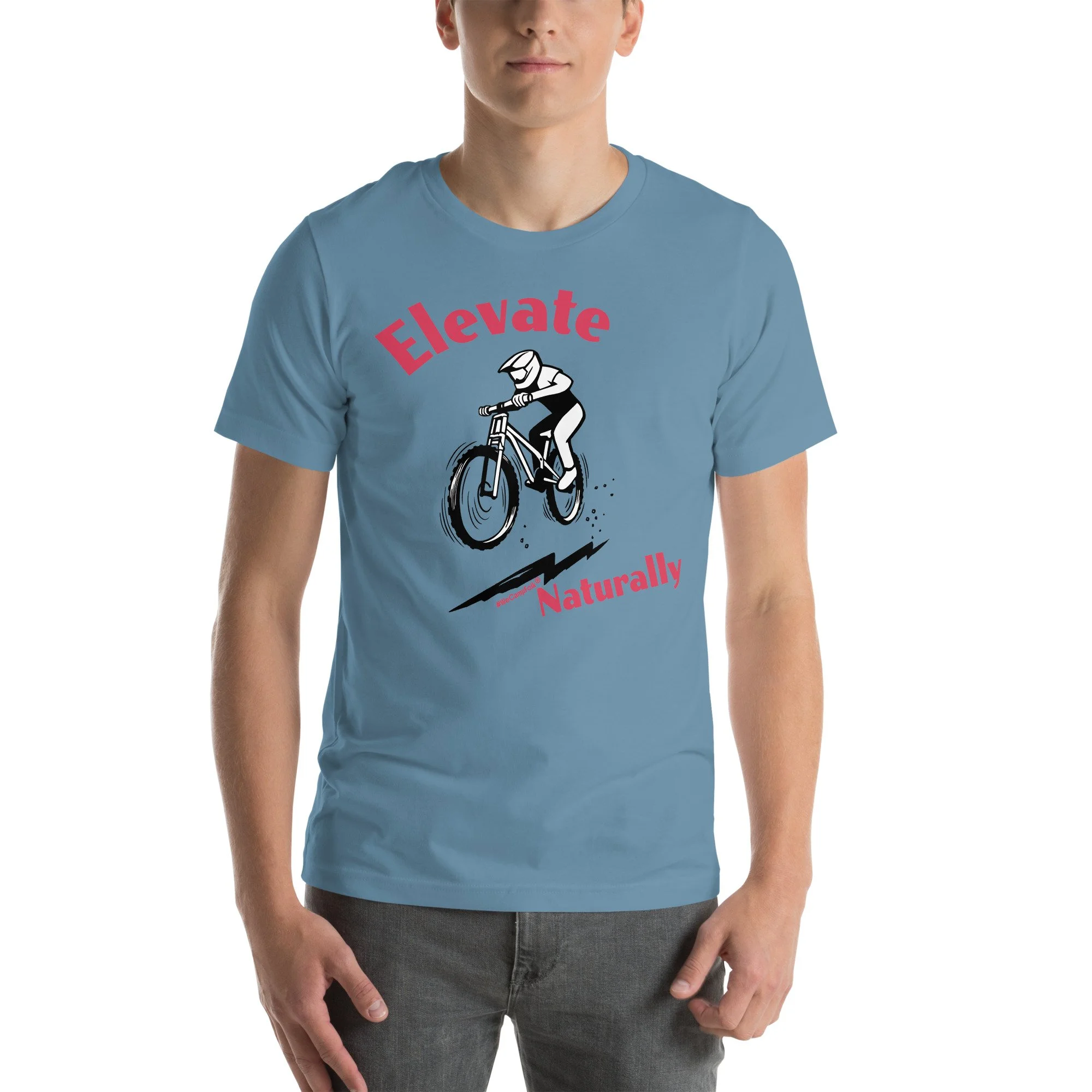 Elevate Naturally #WeCampFolk Unisex Mountain Biking T-shirt unisex-staple-t-shirt-steel-blue-front-68d6a553a0634.jpg