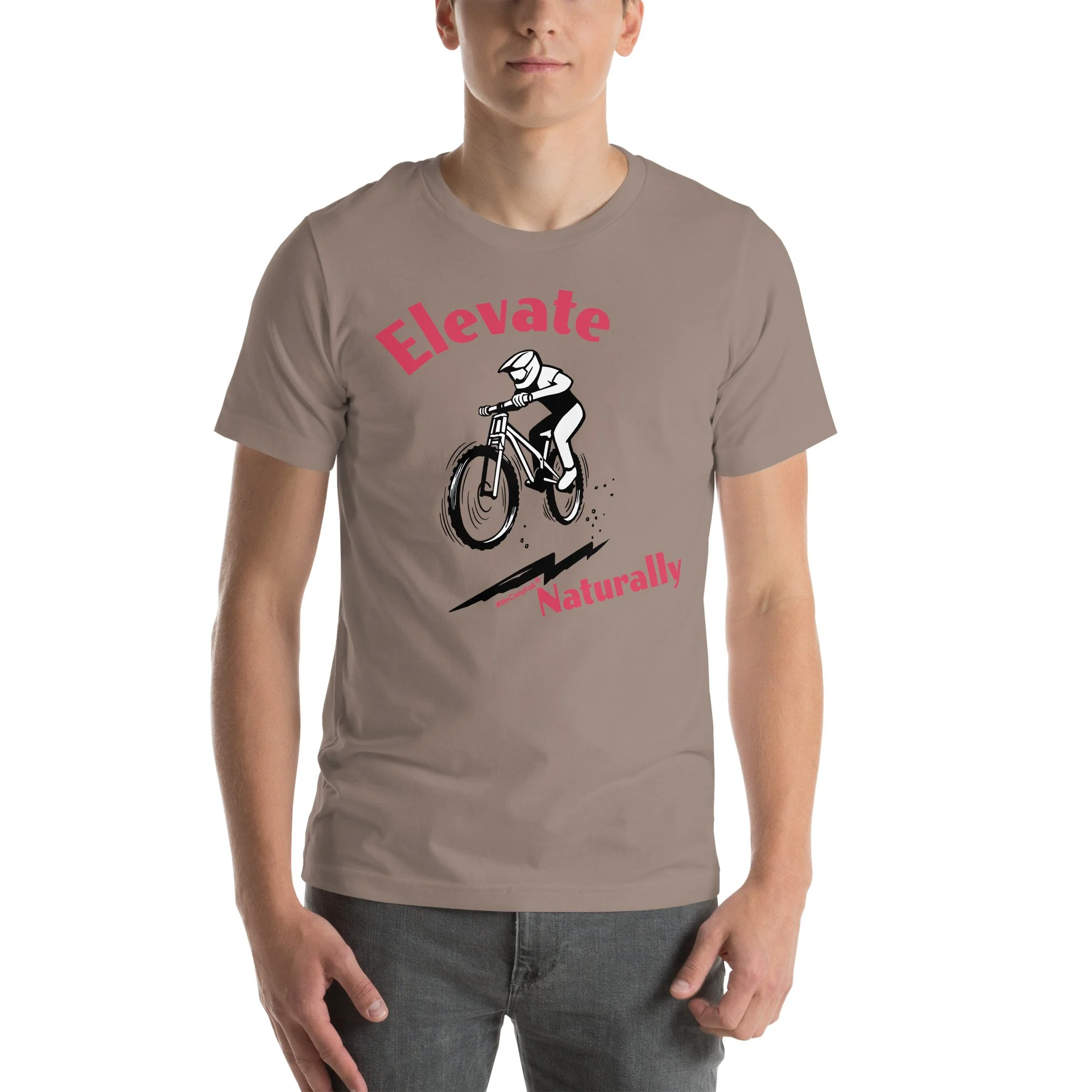 Elevate Naturally #WeCampFolk Unisex Mountain Biking T-shirt unisex-staple-t-shirt-pebble-front-68d6a553ac012.jpg