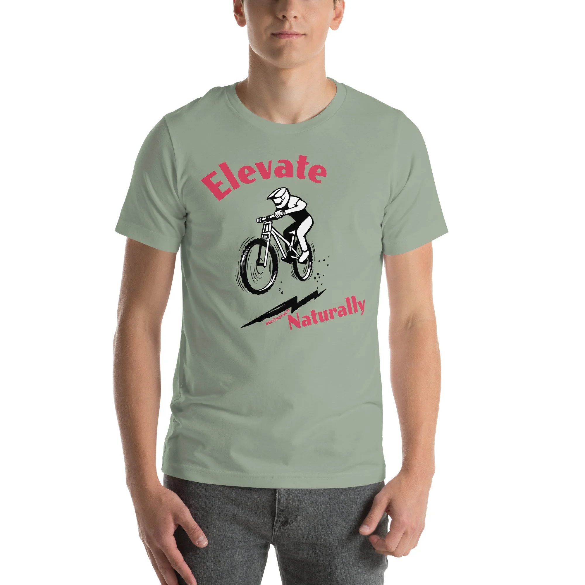 Elevate Naturally #WeCampFolk Unisex Mountain Biking T-shirt unisex-staple-t-shirt-sage-front-68d6a553ba223.jpg
