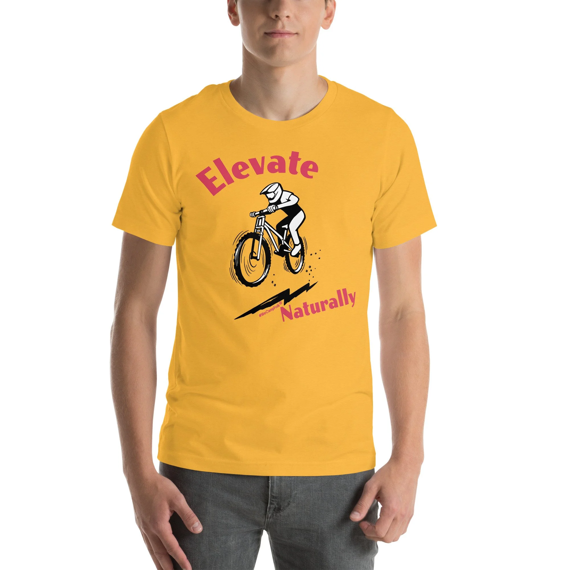 Elevate Naturally #WeCampFolk Unisex Mountain Biking T-shirt unisex-staple-t-shirt-heather-yellow-gold-front-68d6a553cb2a9.jpg