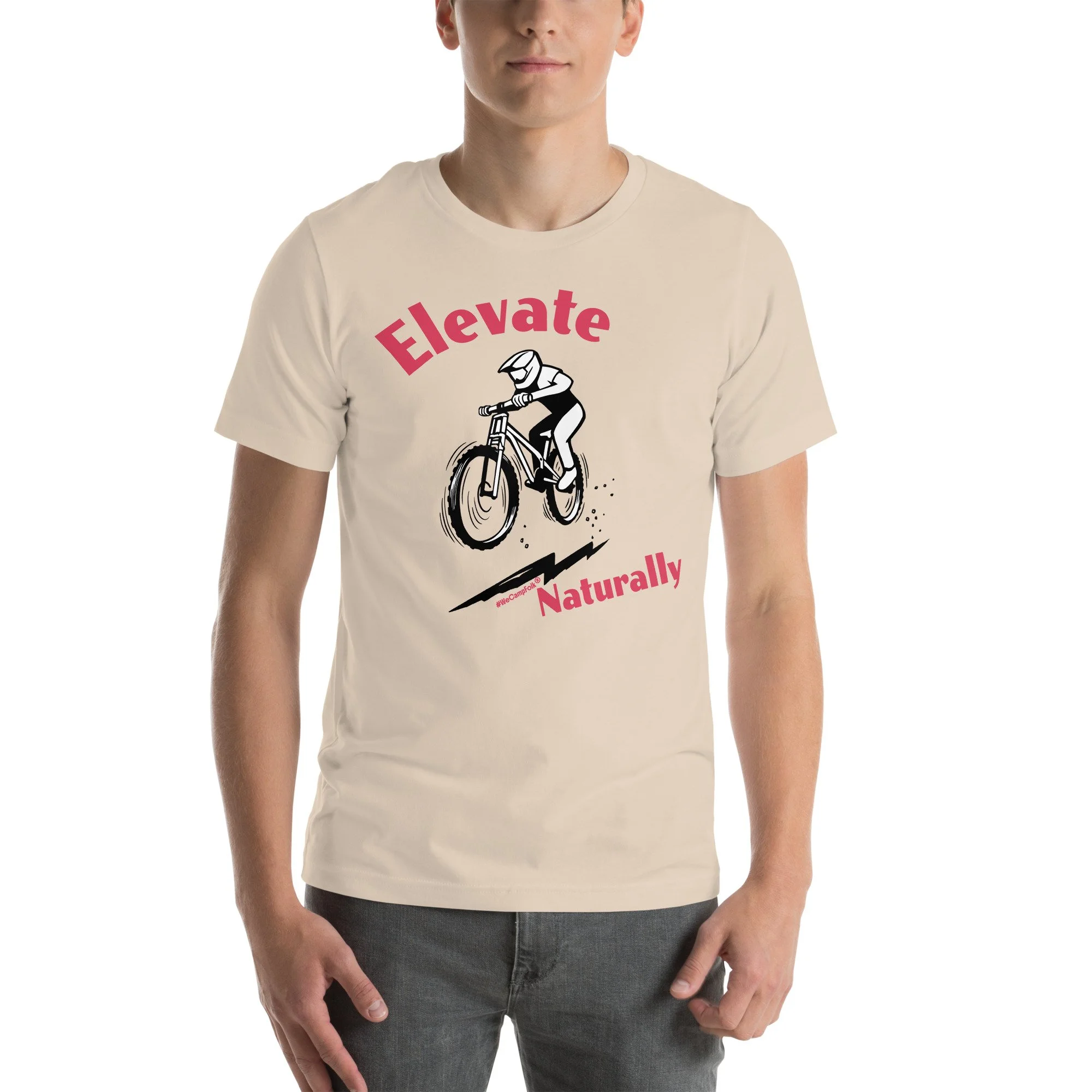 Elevate Naturally #WeCampFolk Unisex Mountain Biking T-shirt unisex-staple-t-shirt-soft-cream-front-68d6a553e303f.jpg