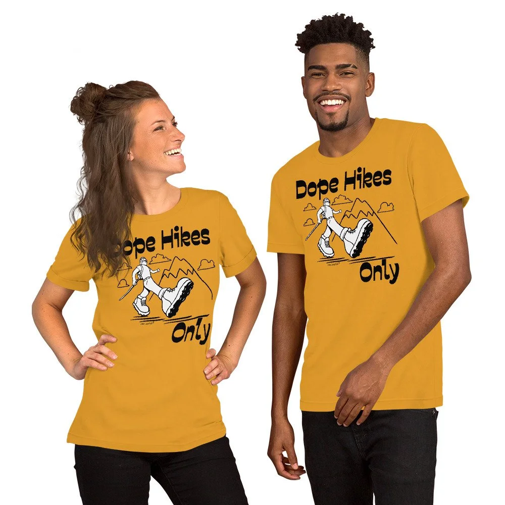 couples hiking t shirt Dope Hikes Only #WeCampFolk Unisex Hiking T-shirt unisex-staple-t-shirt-mustard-front-68d6aa51ebe14.jpg