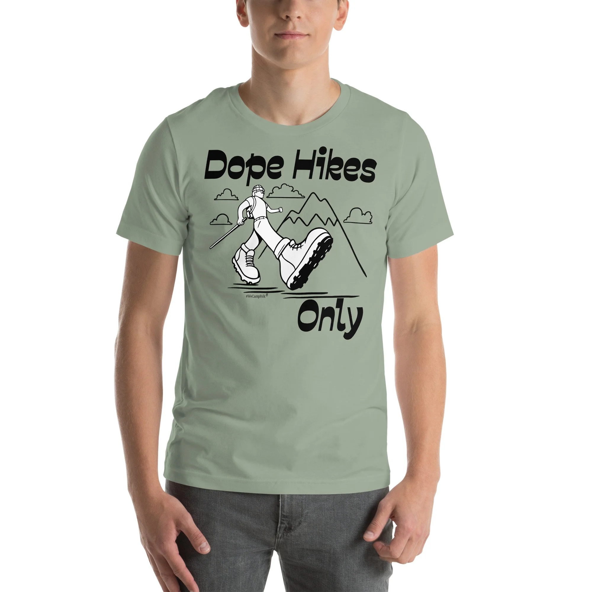 Dope Hikes Only #WeCampFolk Unisex Hiking T-shirt unisex-staple-t-shirt-sage-front-68d6aa5227a38.jpg