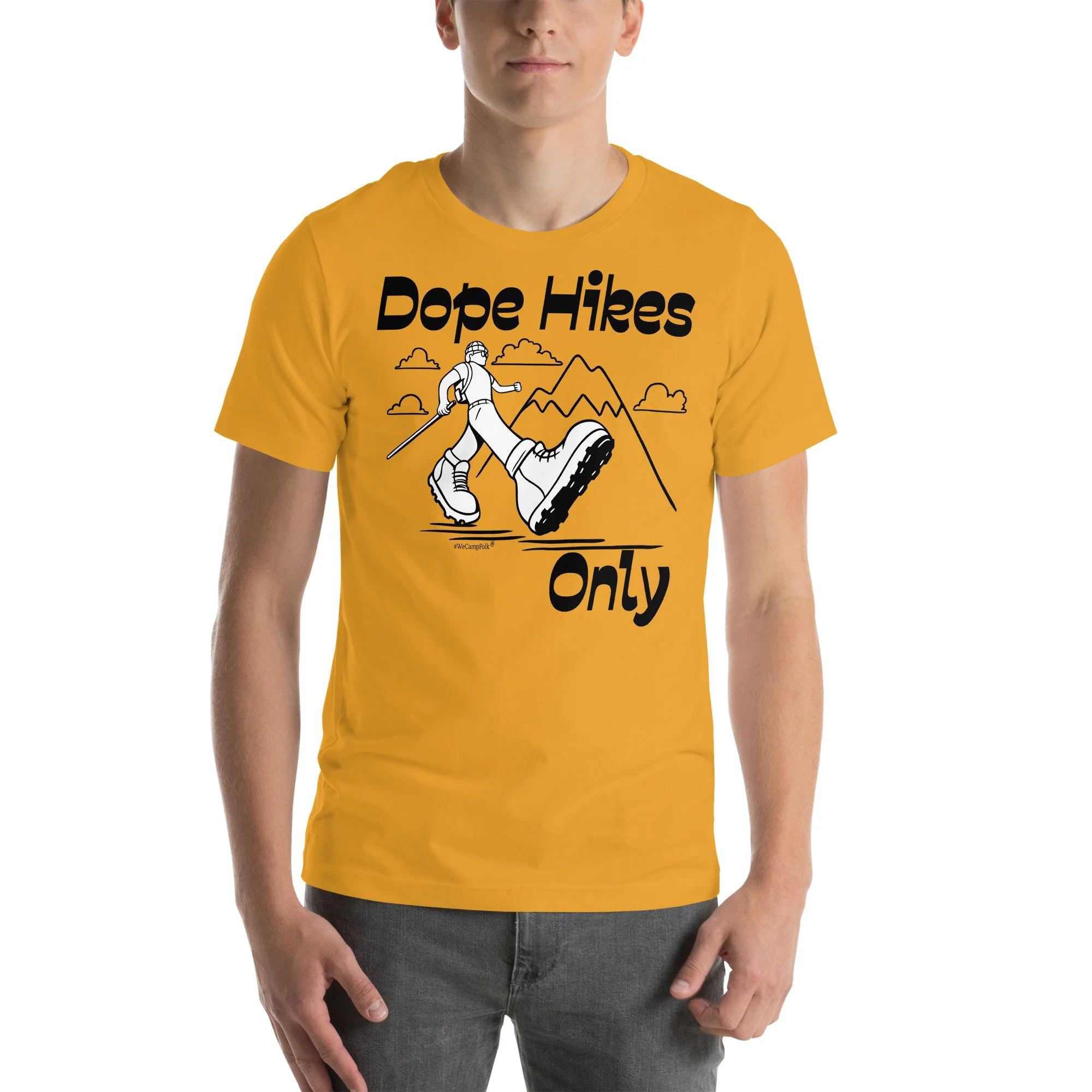 Dope Hikes Only #WeCampFolk Unisex Hiking T-shirt unisex-staple-t-shirt-mustard-front-68d6aa5231654.jpg