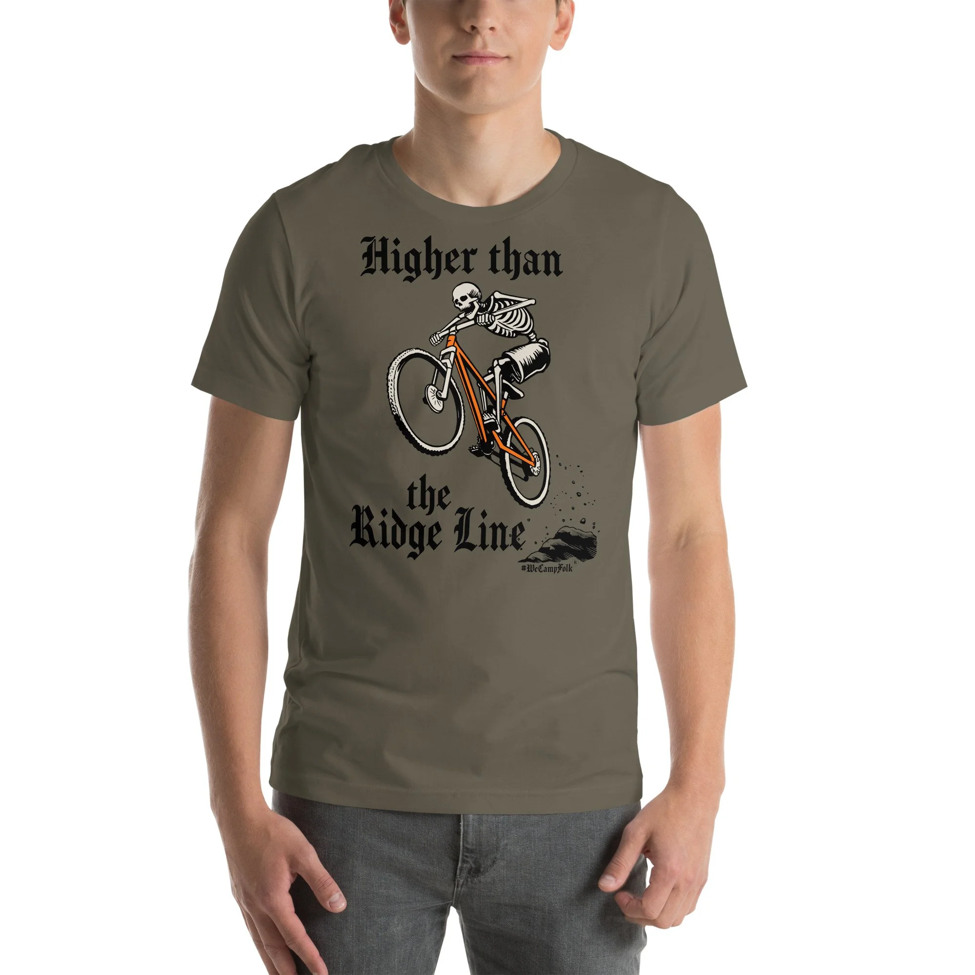 mens Higher than the Ridge Line #WeCampFolk Unisex Mountain Biking T-shirt unisex-staple-t-shirt-army-front-68d6ab868fad1.jpg