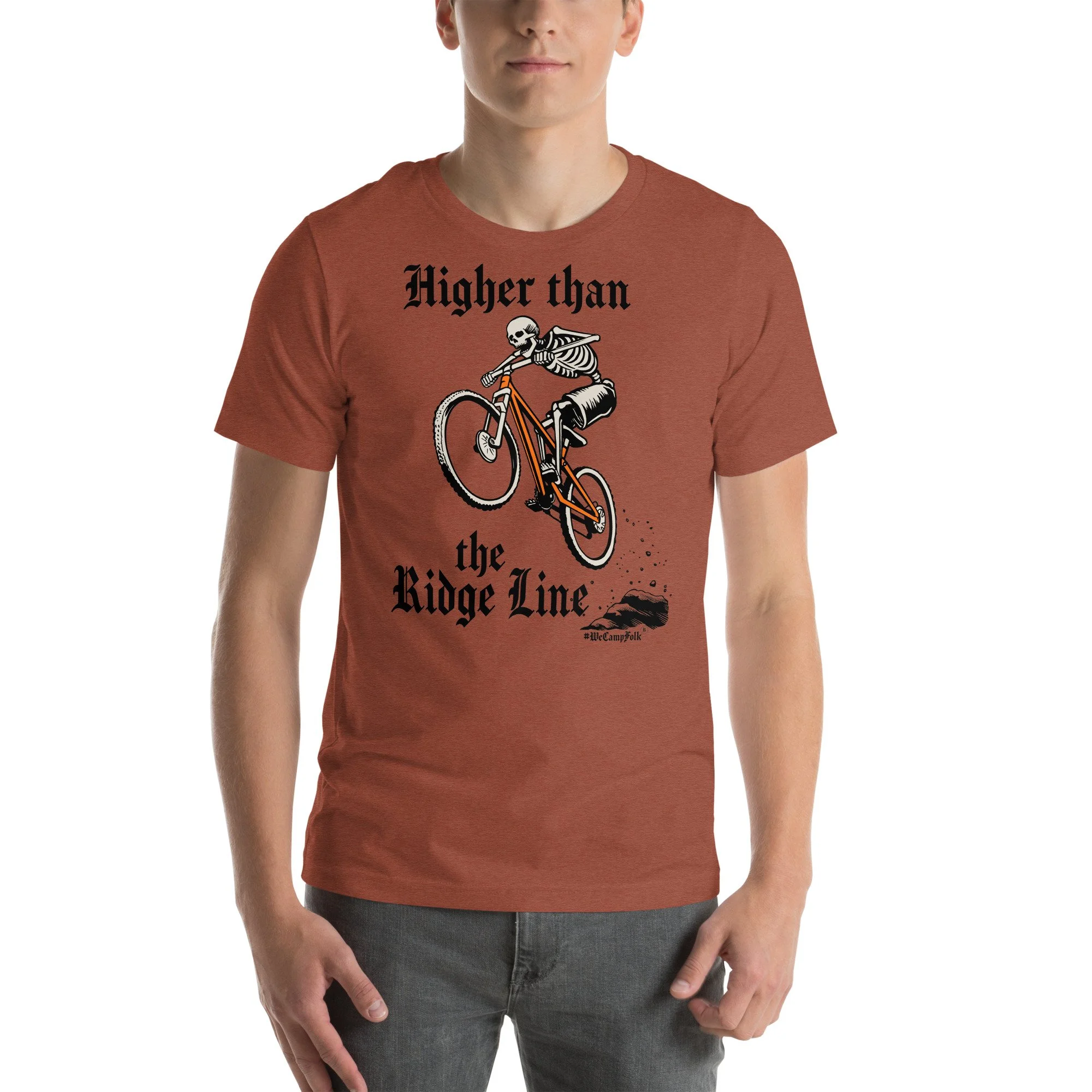 Higher than the Ridge Line #WeCampFolk Unisex Mountain Biking T-shirt unisex-staple-t-shirt-heather-clay-front-68d6ab86988ac.jpg