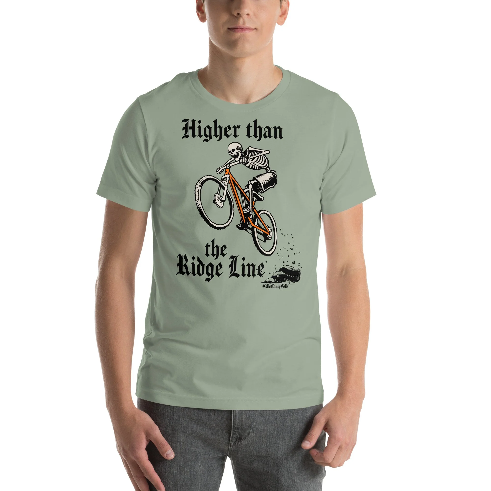 Higher than the Ridge Line #WeCampFolk Unisex Mountain Biking T-shirt unisex-staple-t-shirt-sage-front-68d6ab86bcd9a.jpg