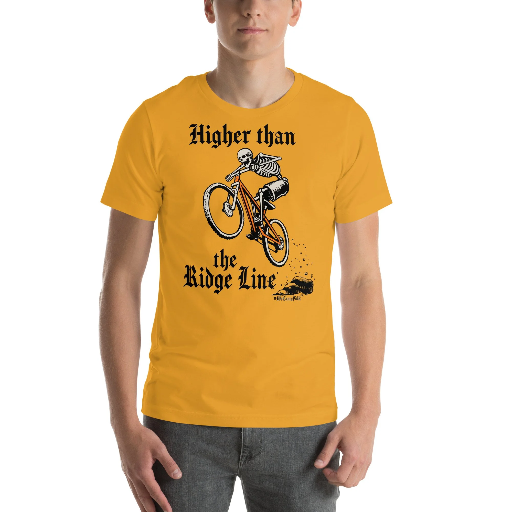 Higher than the Ridge Line #WeCampFolk Unisex Mountain Biking T-shirt unisex-staple-t-shirt-mustard-front-68d6ab86d0044.jpg