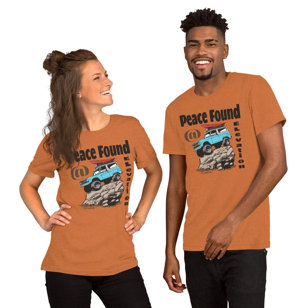 Peace Found @ Elevation #WeCampFolk Unisex Off Road 4WD T-shirt unisex-staple-t-shirt-heather-autumn-front-68d6af1c51258.jpg