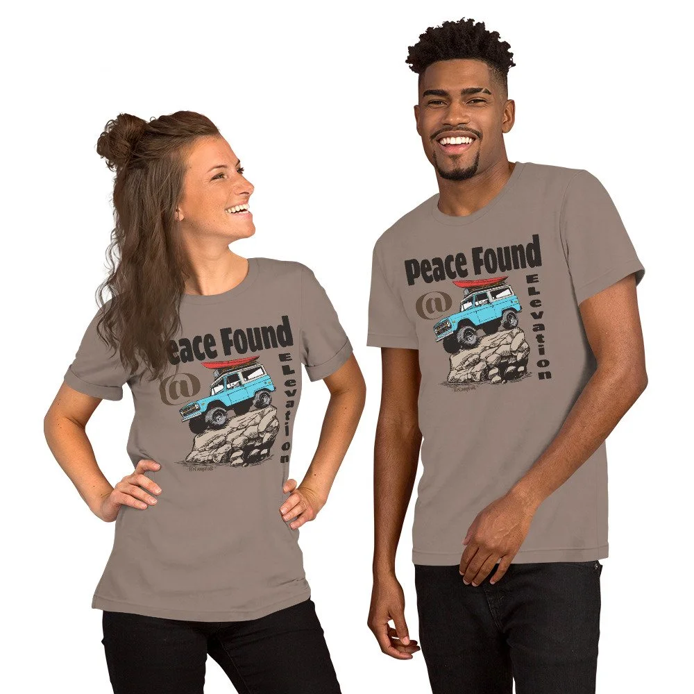 Peace Found @ Elevation #WeCampFolk Unisex Off Road 4WD T-shirt unisex-staple-t-shirt-pebble-front-68d6af1c5e8fc.jpg