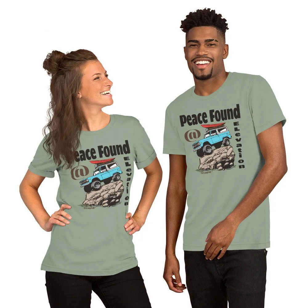 Peace Found @ Elevation #WeCampFolk Unisex Off Road 4WD T-shirt unisex-staple-t-shirt-sage-front-68d6af1c7a479.jpg