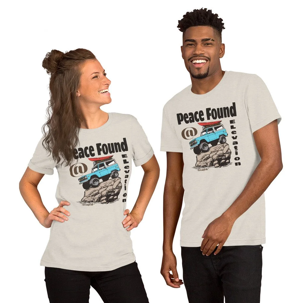 Peace Found @ Elevation #WeCampFolk Unisex Off Road 4WD T-shirt unisex-staple-t-shirt-heather-dust-front-68d6af1c9bb31.jpg