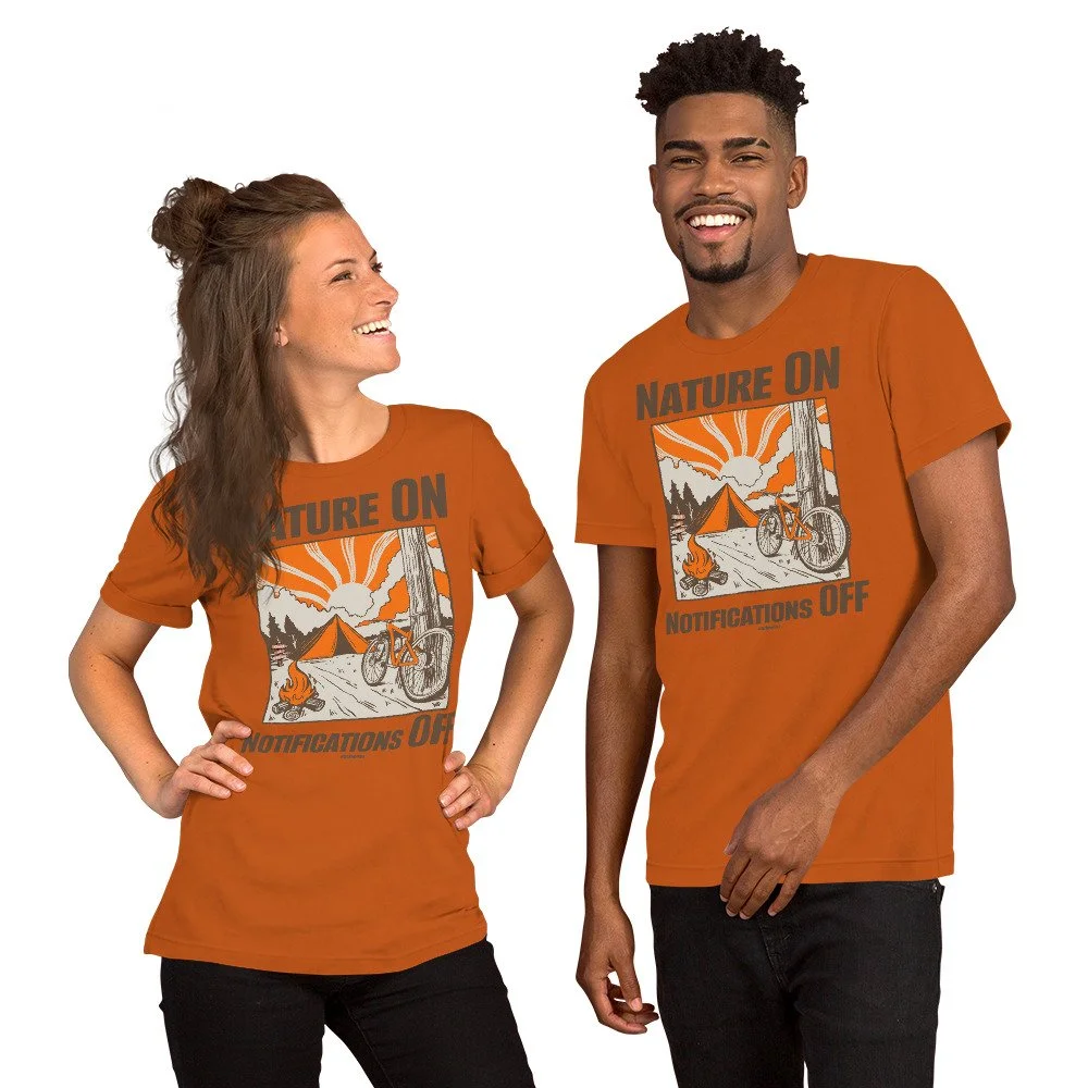 Nature ON Notifications OFF #WeCampFolk Unisex Biking, Campfire & Sunset Camping T-shirt unisex-staple-t-shirt-autumn-front-68d6b3b1dc303.jpg