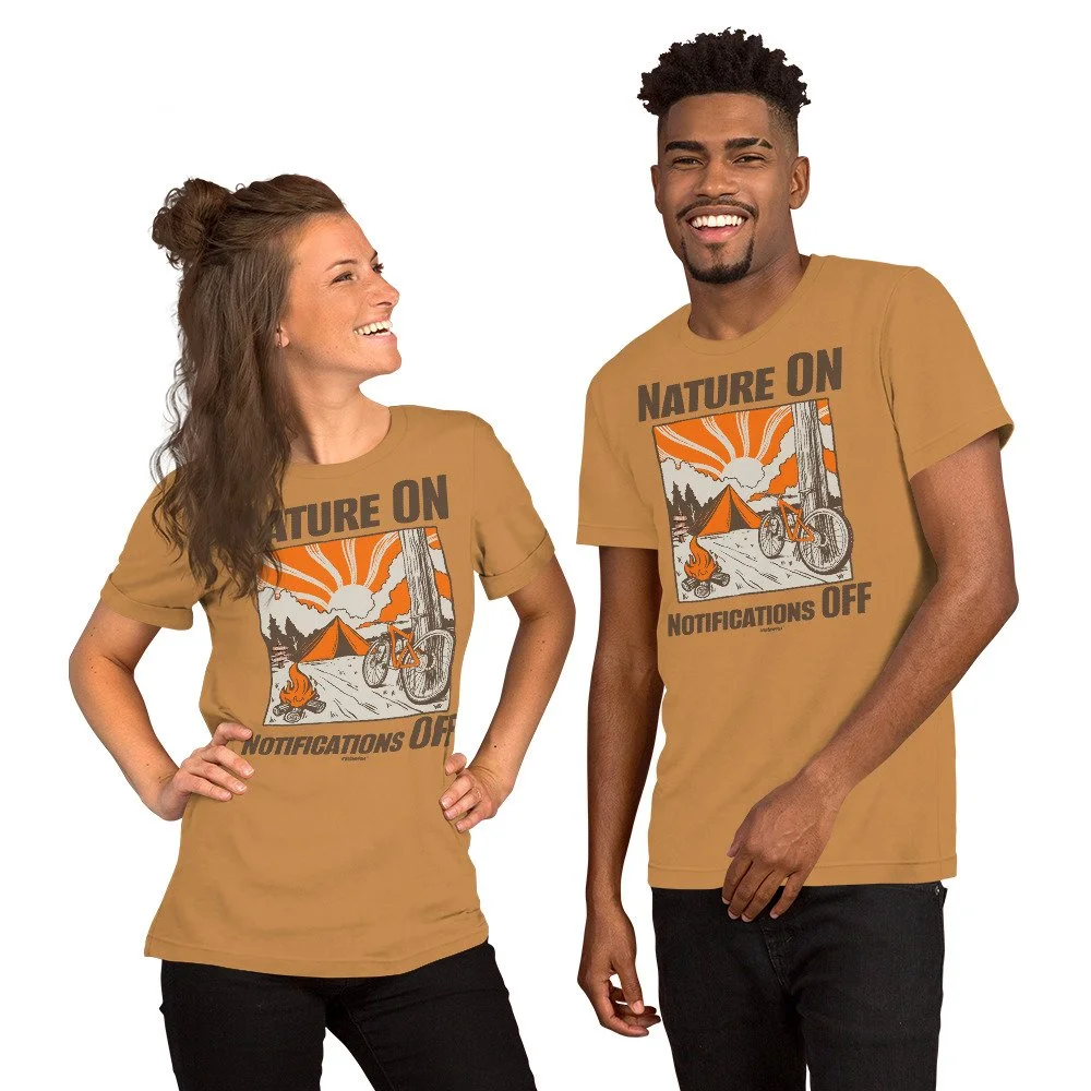 ladies mens camping t shirt Nature ON Notifications OFF #WeCampFolk Unisex Biking, Campfire & Sunset Camping T-shirt unisex-staple-t-shirt-toast-front-68d6b3b203571.jpg