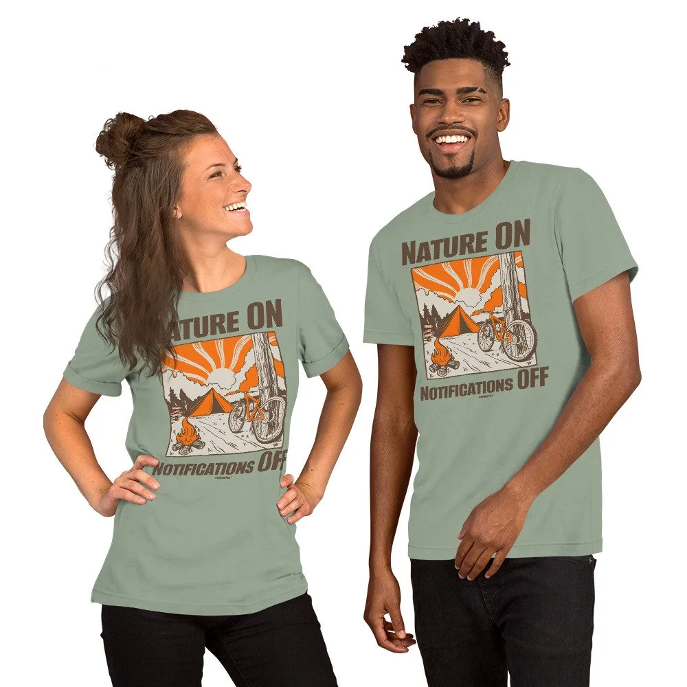 Nature ON Notifications OFF #WeCampFolk Unisex Biking, Campfire & Sunset Camping T-shirt unisex-staple-t-shirt-sage-front-68d6b3b20dc0c.jpg