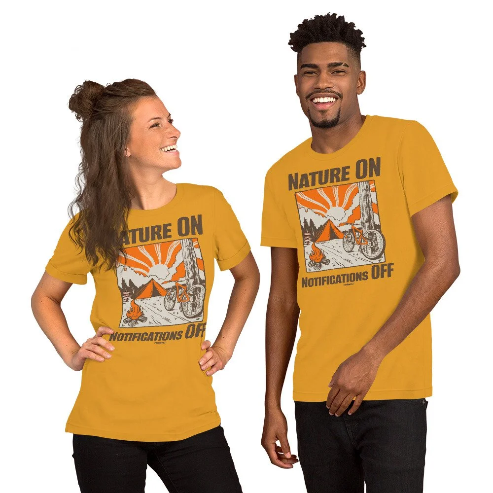 Nature ON Notifications OFF #WeCampFolk Unisex Biking, Campfire & Sunset Camping T-shirt unisex-staple-t-shirt-mustard-front-68d6b3b2199f2.jpg
