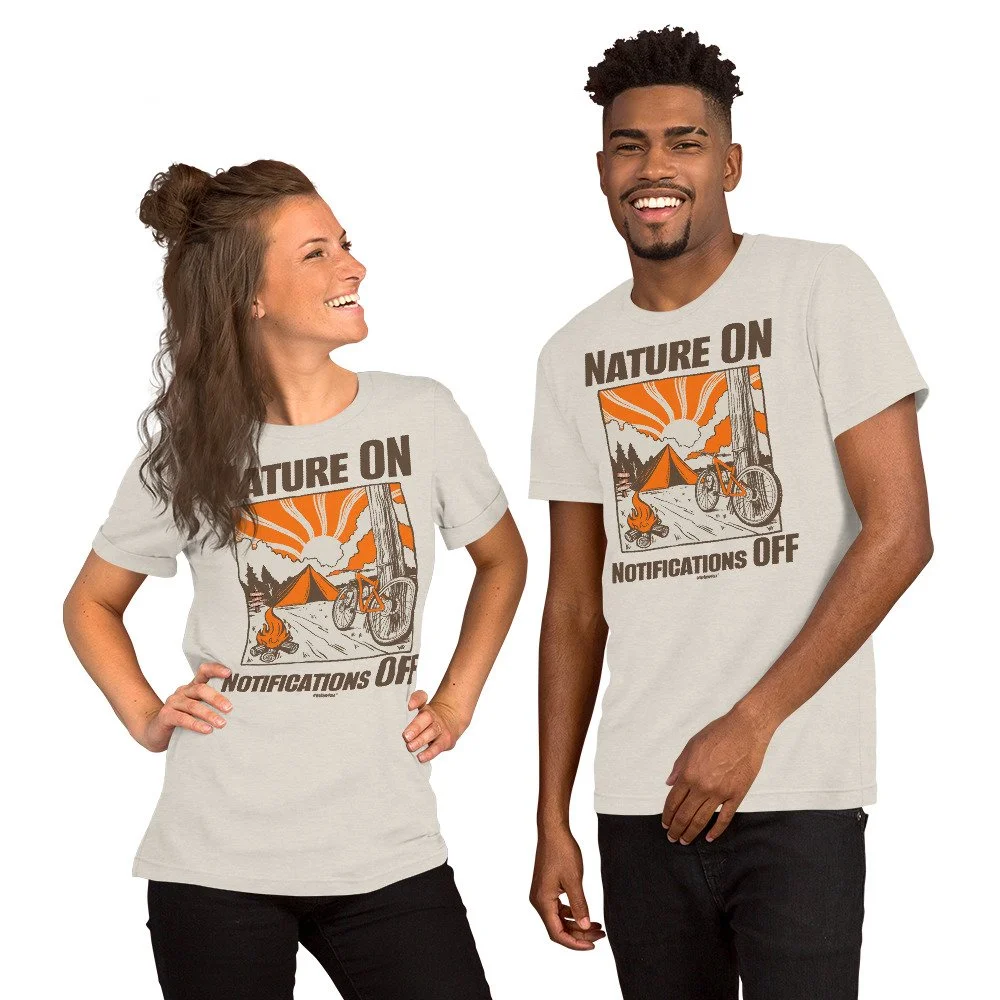 ladies mens couples camping t shirt Nature ON Notifications OFF #WeCampFolk Unisex Biking, Campfire & Sunset Camping T-shirt unisex-staple-t-shirt-heather-dust-front-68d6b3b2307a0.jpg